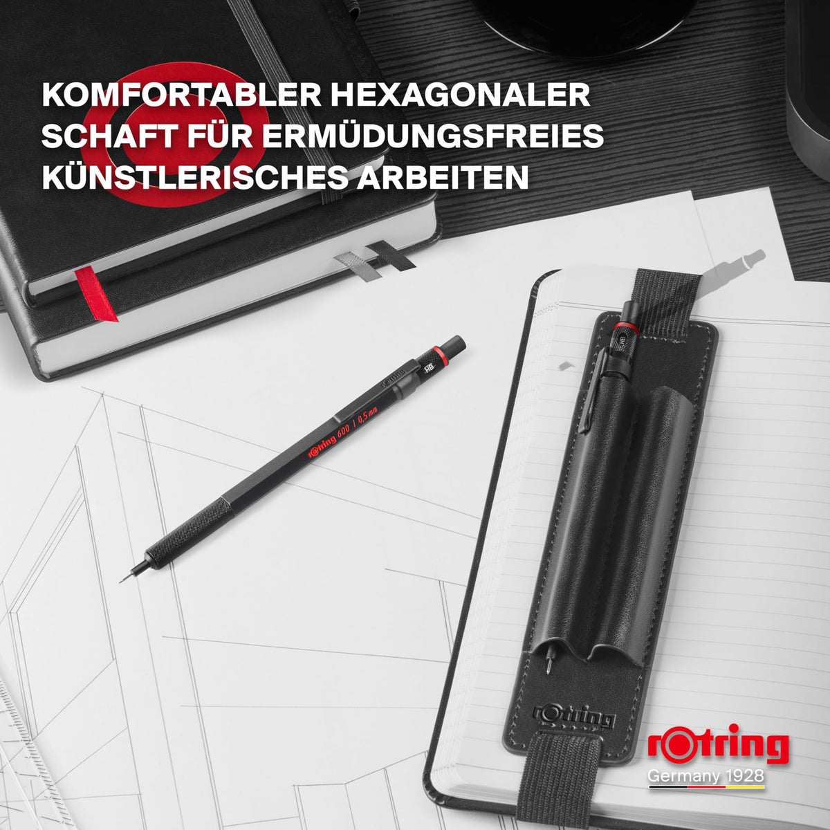 rOtring 600 Mechanical Pencil (0.5mm) Gift Set with Pen Case & Notebook | Full Metal Body Fine Point Pencil | Black | Non-Slip Knurled Grip and Hexagonal Barrel - 2224710