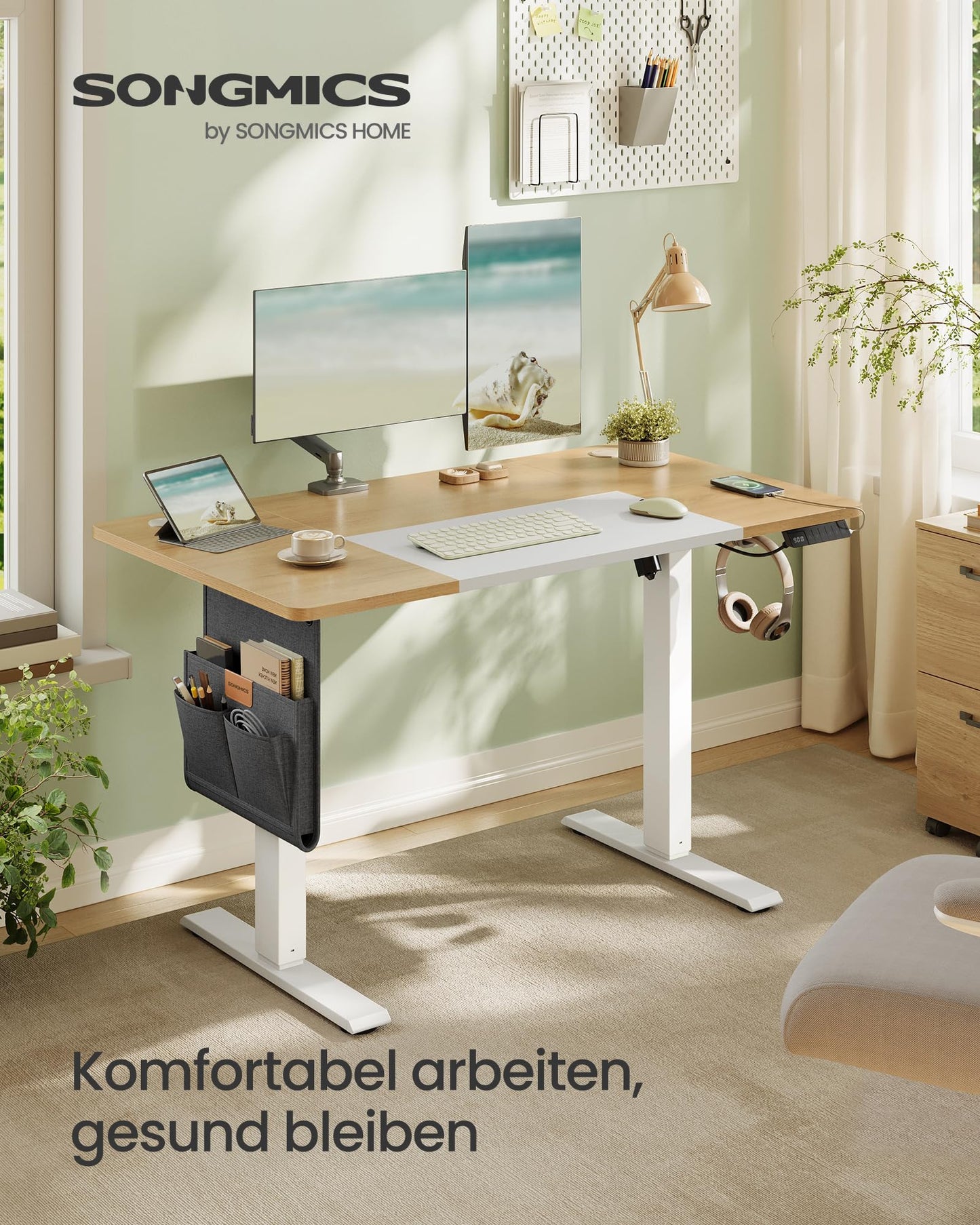 SONGMICS Electric height-adjustable desk, 120 x 60 cm, infinitely adjustable, memory function with 4 heights, natural oak color-matt white LSD015N01