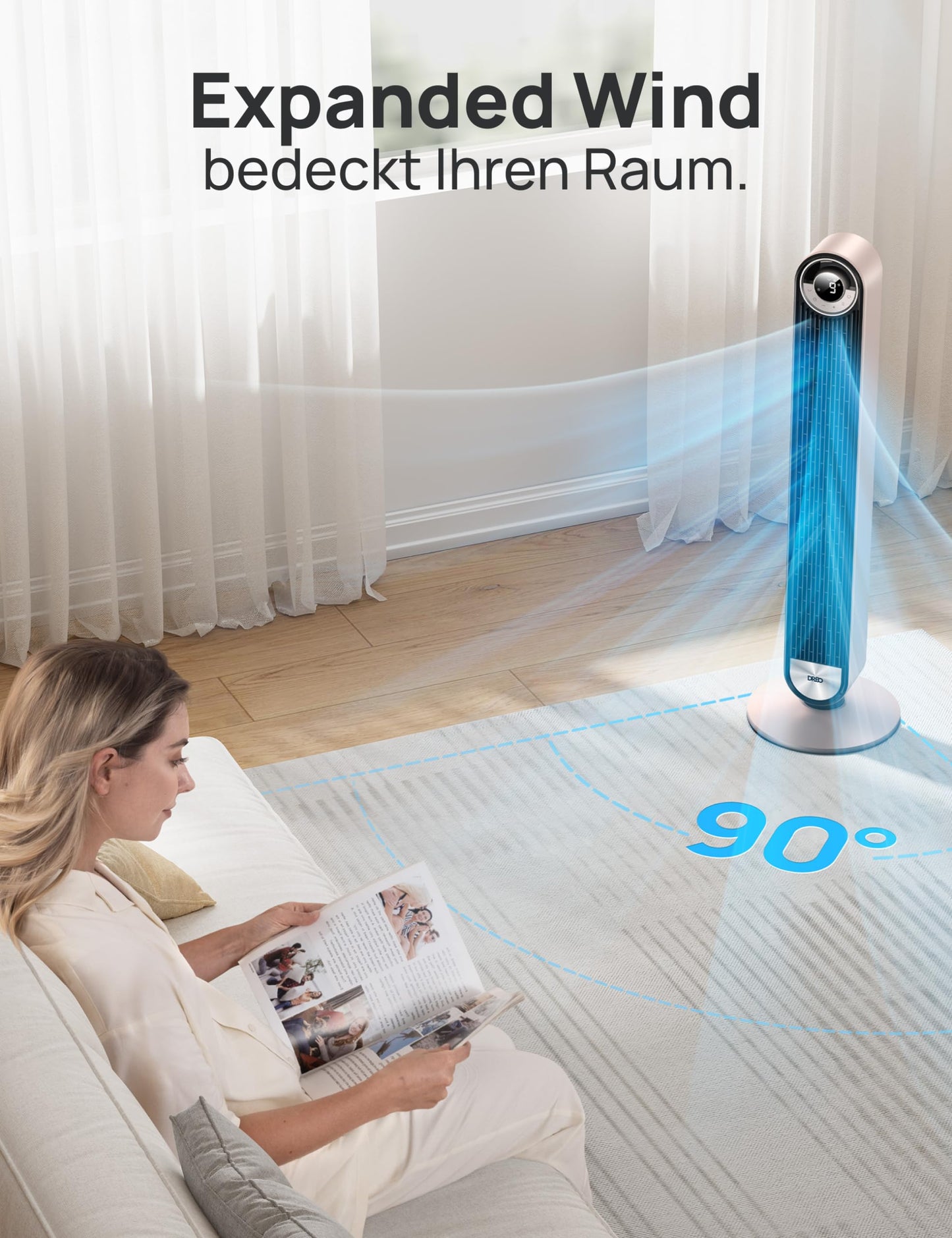 DREO 25dB Smart Quiet Tower Fan with Cooling, 106cm WiFi Alexa Tower Fan, 90° Oscillating Fan, Remote Control 9 Speed 4 Modes 12 Hour Timer Voice Control, Starlight - DR-HTF009S