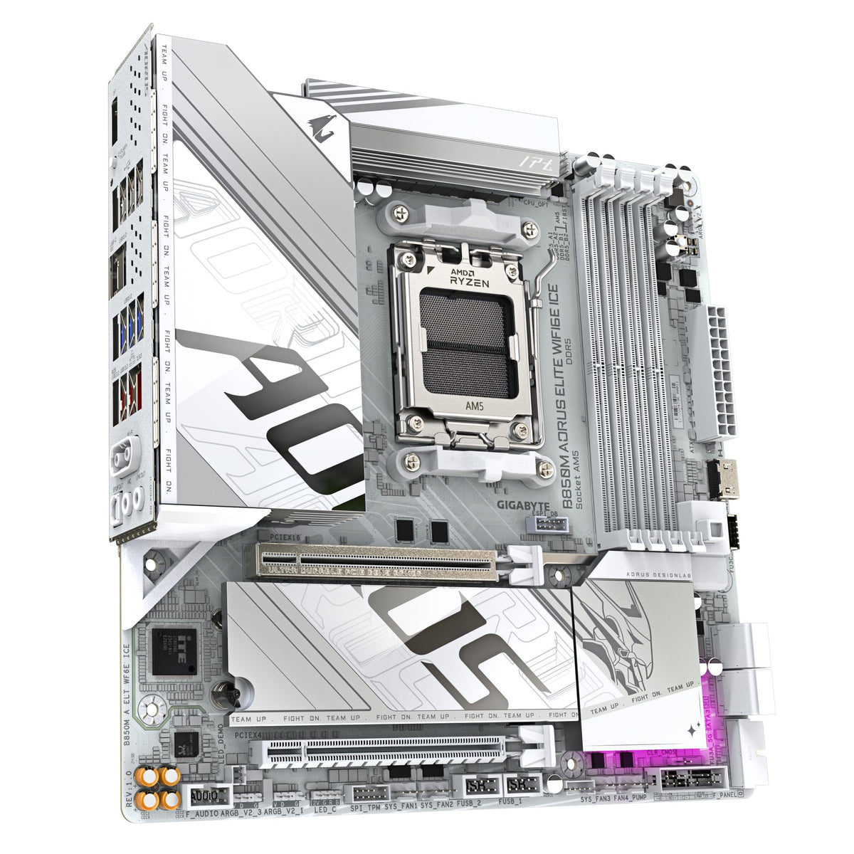 GIGABYTE B850M AORUS Elite WIFI6E Ice Motherboard - Compatible with AMD Ryzen 9000 Series CPUs, featuring a 12+2+1 Phase Digital VRM, supports up to 8200MHz DDR5 (OC), 1x PCIe 5.0 + 1x PCIe 4.0 M.2, 2.5 LAN, WiFi 7, USB 3.2 Gen 2.