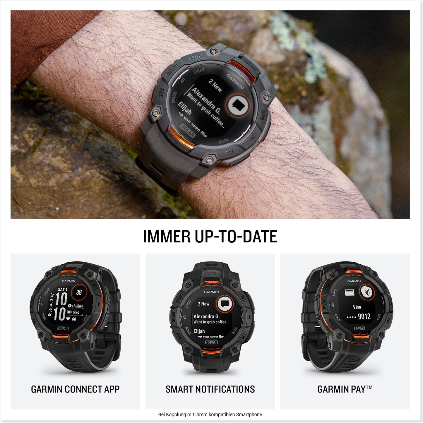 Garmin Instinct 3 45mm SOLAR - GPS multisport smartwatch, 0.9" display, up to 28 days battery life, 80+ sports apps, navigation function, smart features, LED flashlight, waterproof - 010-02934-00