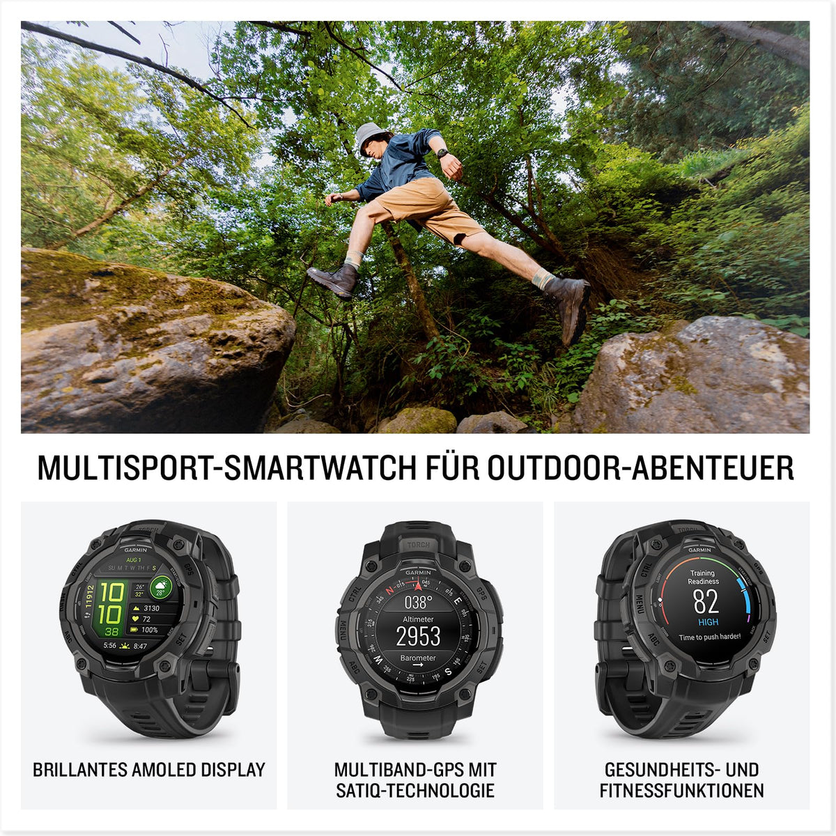 Garmin Instinct 3 45mm AMOLED – Ceas inteligent multisport, display de 1,2", autonomie a bateriei de până la 18 zile, peste 80 de aplicații sportive, funcție de navigație, caracteristici inteligente, lanternă cu LED, rezistent la apă - 010-02936-00
