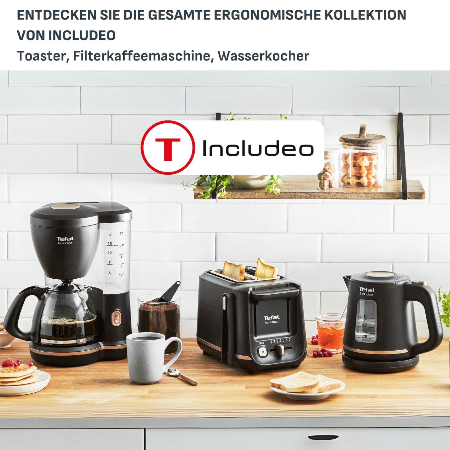 Tefal KI5338 Includeo kettle, capacity 1 L, anti-slip handle, easy-to-read water level indicator, 360° rotating base, removable filter, 2400 W, 23.3 x 16.6 x 20 cm