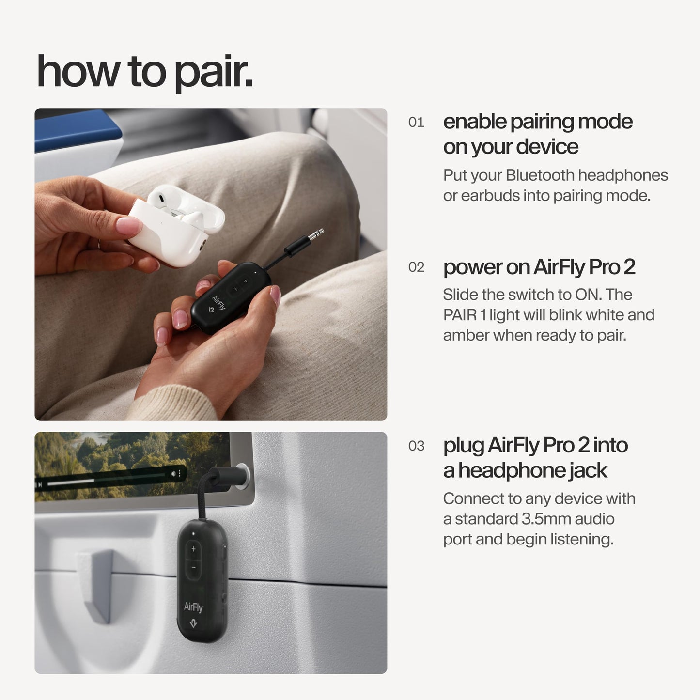 AirFly Pro 2 - Bluetooth Airplane Adapter Pair 2 AirPods or Wireless Headphones - 3.5mm AUX Bluetooth Transmitter for Cars, Boats, Treadmills, TVs - Airplane Travel Essentials, Black Ice - TS-2612