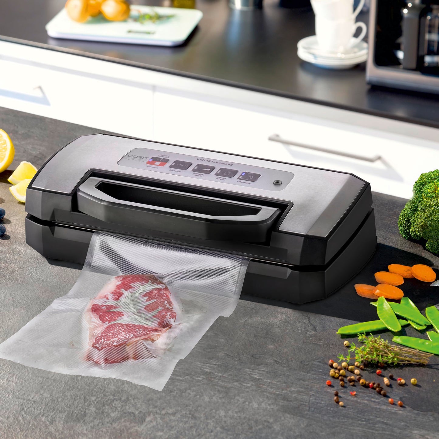 CASO VRH 490 advanced vacuum sealer, test result Very Good film welding machine, up to 100 vacuum sealing processes non-stop, removable vacuum chamber, incl. 10 professional film bags - 1525