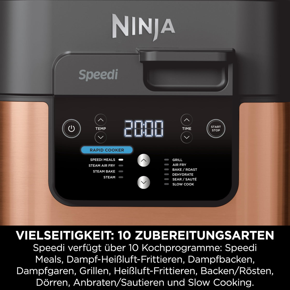 Ninja Speedi Multikocher, 5,7L, 10-in-1 Multicooker, Airfryer Heißluftfritteuse, Slow Cooker Langsamkochen, Grillen, Backen, Schwarz & Kupfer ON400EUCP