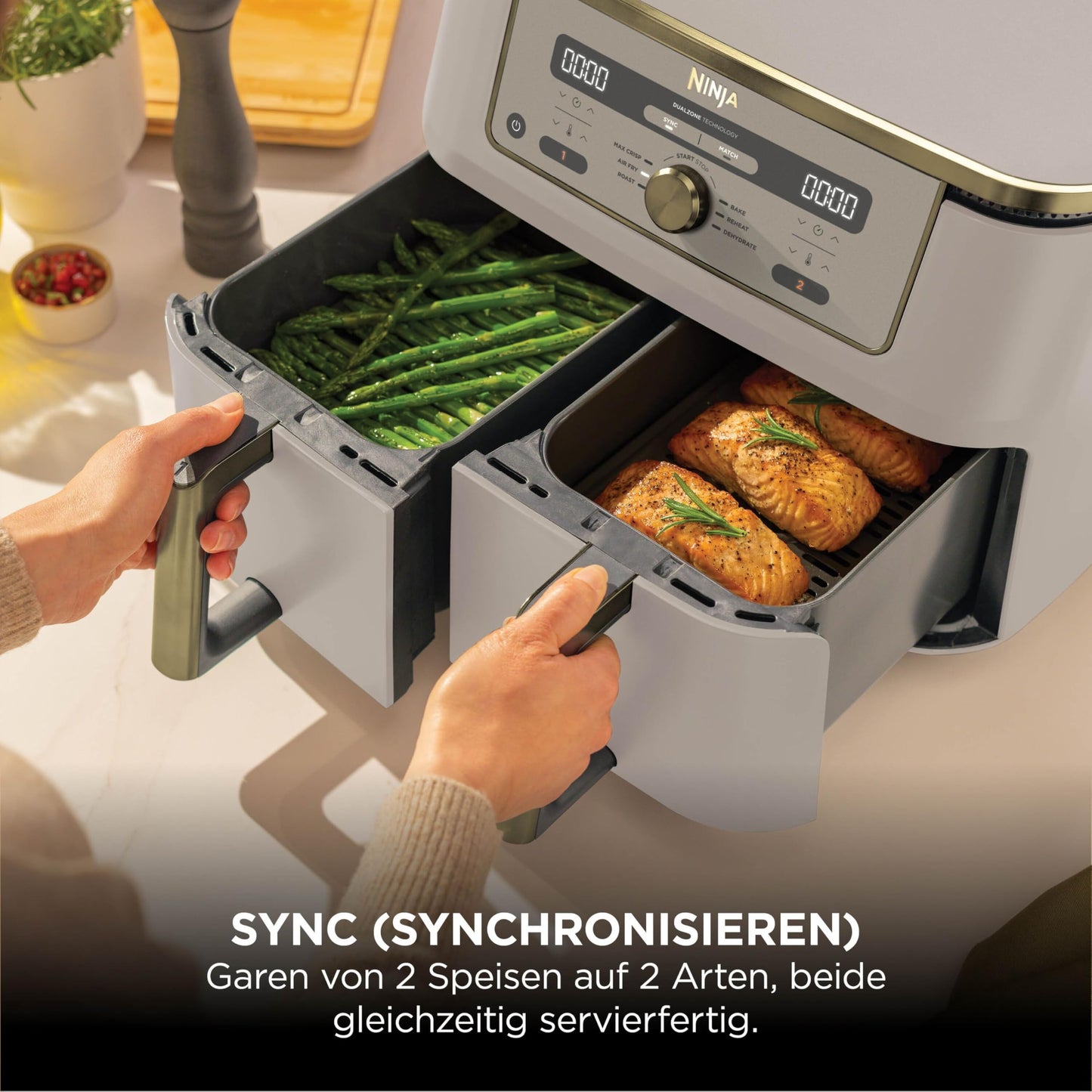 Ninja Dual Zone Digital Air Fryer, 2 Drawer, 6-in-1, Air Fryer, 9.5L, Air Frying, Max Crisp, Roasting, Baking, Reheating, Dishwasher Safe Baskets, Stone/Gold DZ400EUSTGD