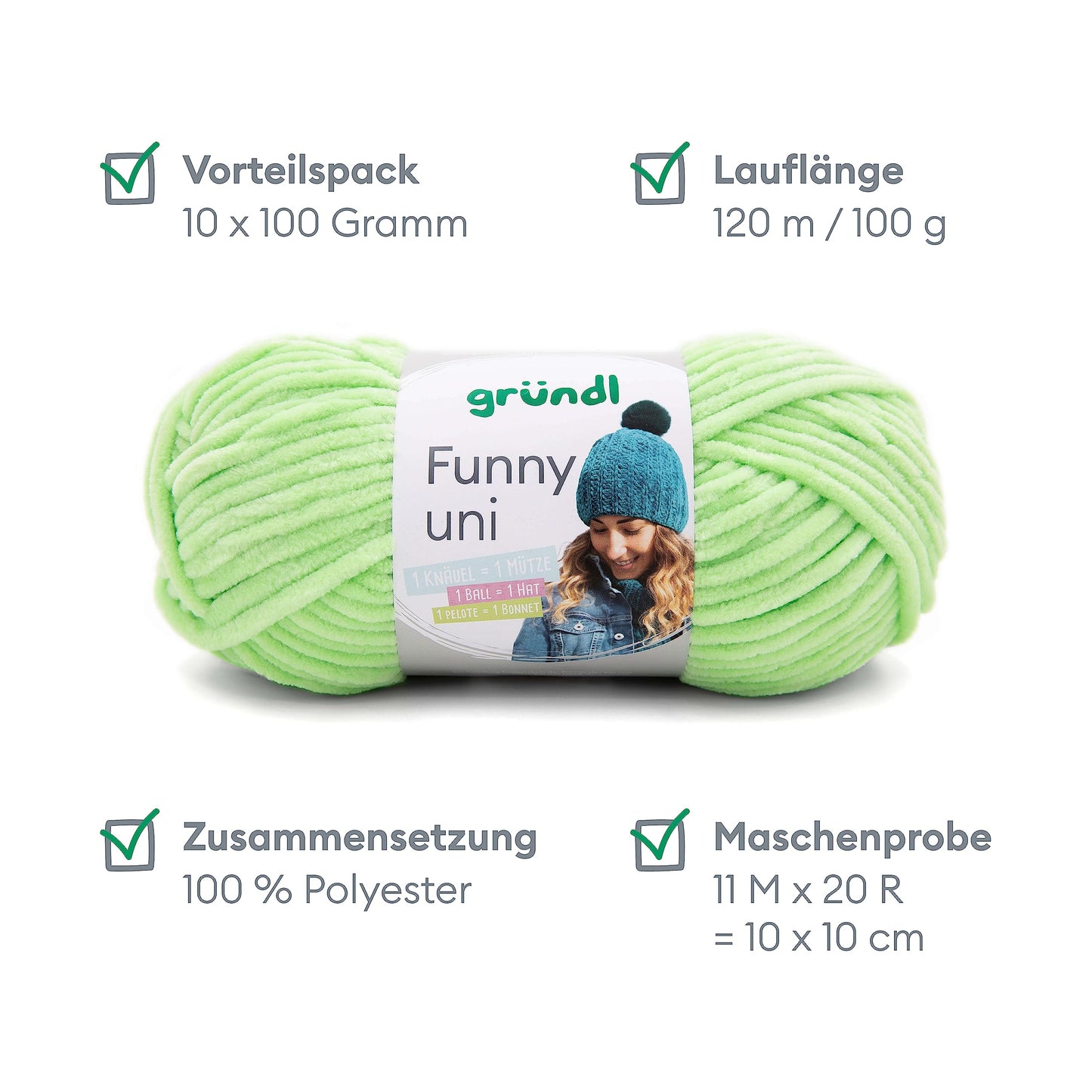 Gründl Wolle Funny uni - soft chenille wool for crocheting - cuddly and skin-friendly - 100% polyester - 10 balls 100 g / 120 m - needle size 5-6, light green - 3442-21
