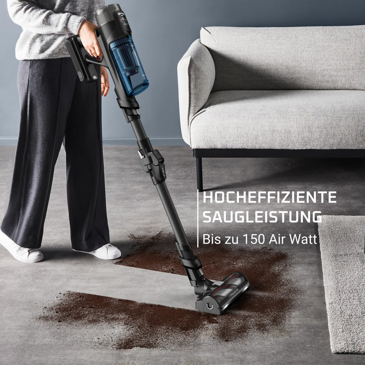 Rowenta X-Force Flex 12.60 Neo Allergy Aerospin Aspirator cu acumulator, 60 minute autonomie, 150 Air Watt, fără fir, ajustare automată a puterii de aspirație, tehnologie Flex, display LED, albastru/gri, RH9LC0WO