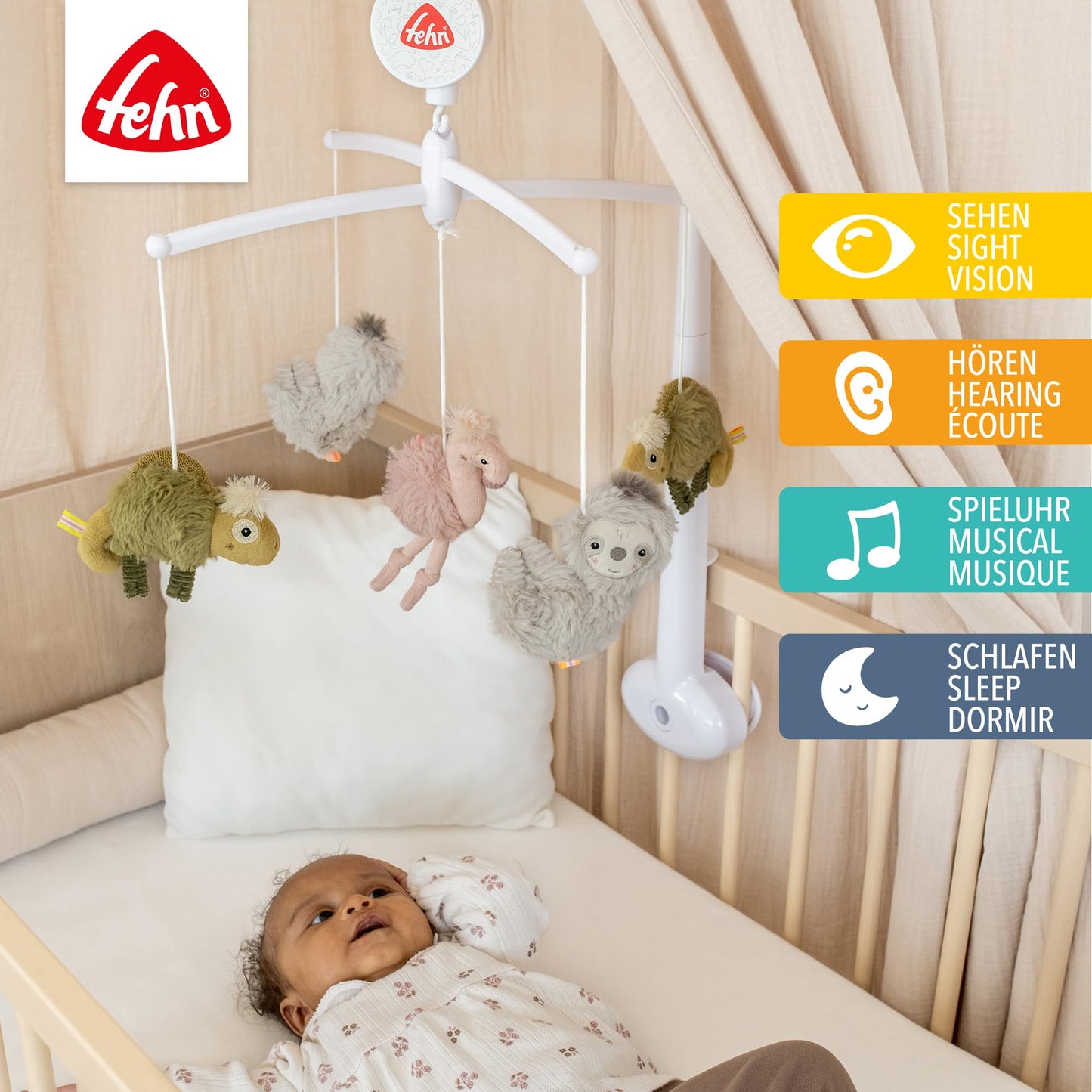 Fehn music mobile Lazy, Crazy & Pink - music mobile with music box melody "Brahm's lullaby" - sleep aid for calming and activity - with baby bed attachment for babies from 0-5 months - 42160