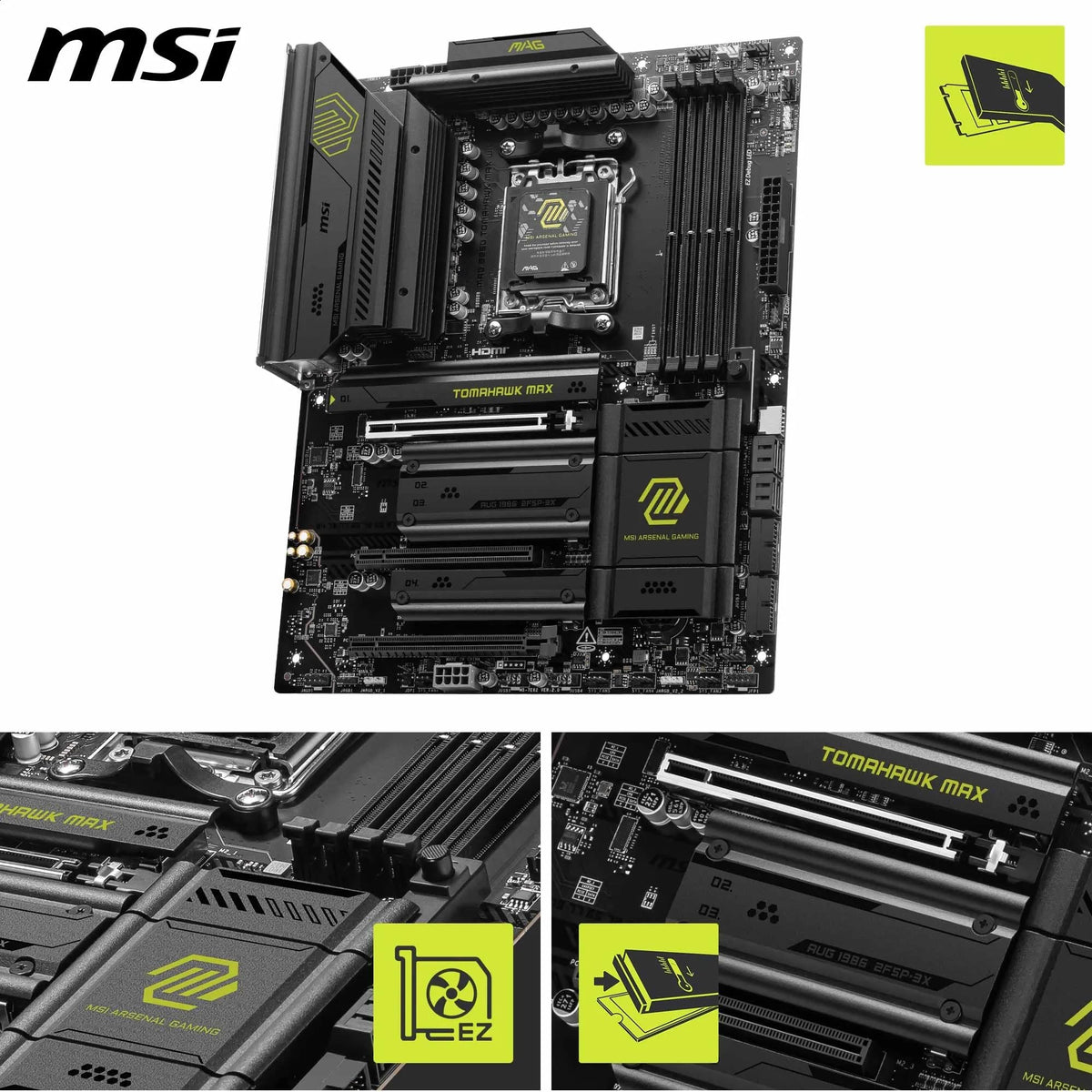 MSI MAG B850 Tomahawk MAX WiFi Motherboard, ATX - Supports AMD Ryzen 9000/8000/7000 processors, AM5-80A SPS VRM, DDR5 Memory Boost 8400+ MT/s (OC), PCIe 5.0 x16, M.2 Gen5, Wi-Fi 7, 5G LAN - 7E62-002R
