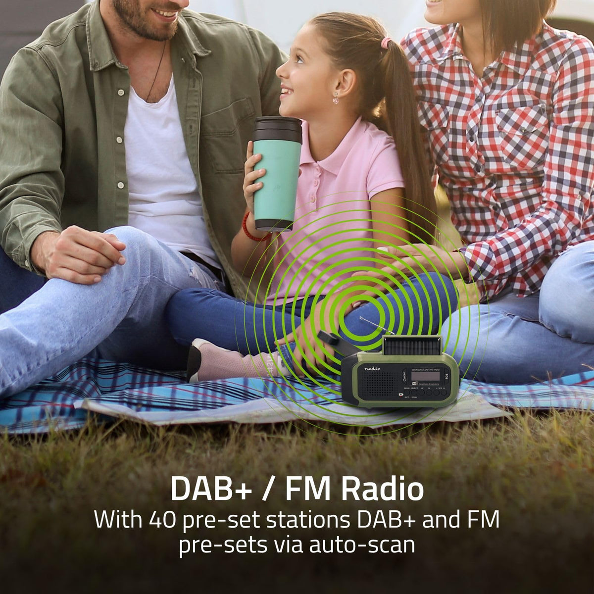 Radio de urgență - Execuție portabilă - DAB+ / FM - Funcționare cu baterii / manivelă / alimentare solară / alimentare prin USB - Ceas deșteptător - Verde / Negru - RDDBCR2000GN