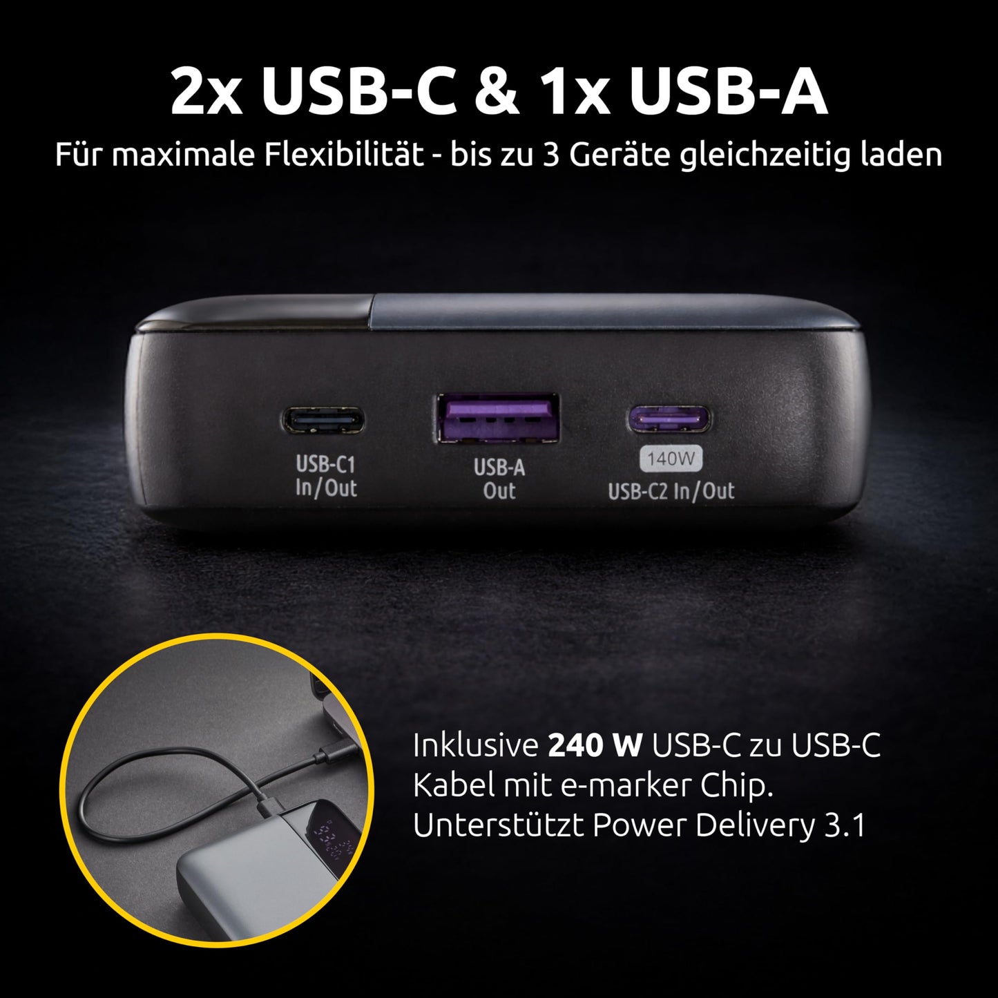 Intenso Powerbank HE25000 140W Power Delivery, 25000mAh external battery, fast charging for MacBook, iPhone, Samsung Galaxy, iPad - USB-C cable & transport bag included - 7350060
