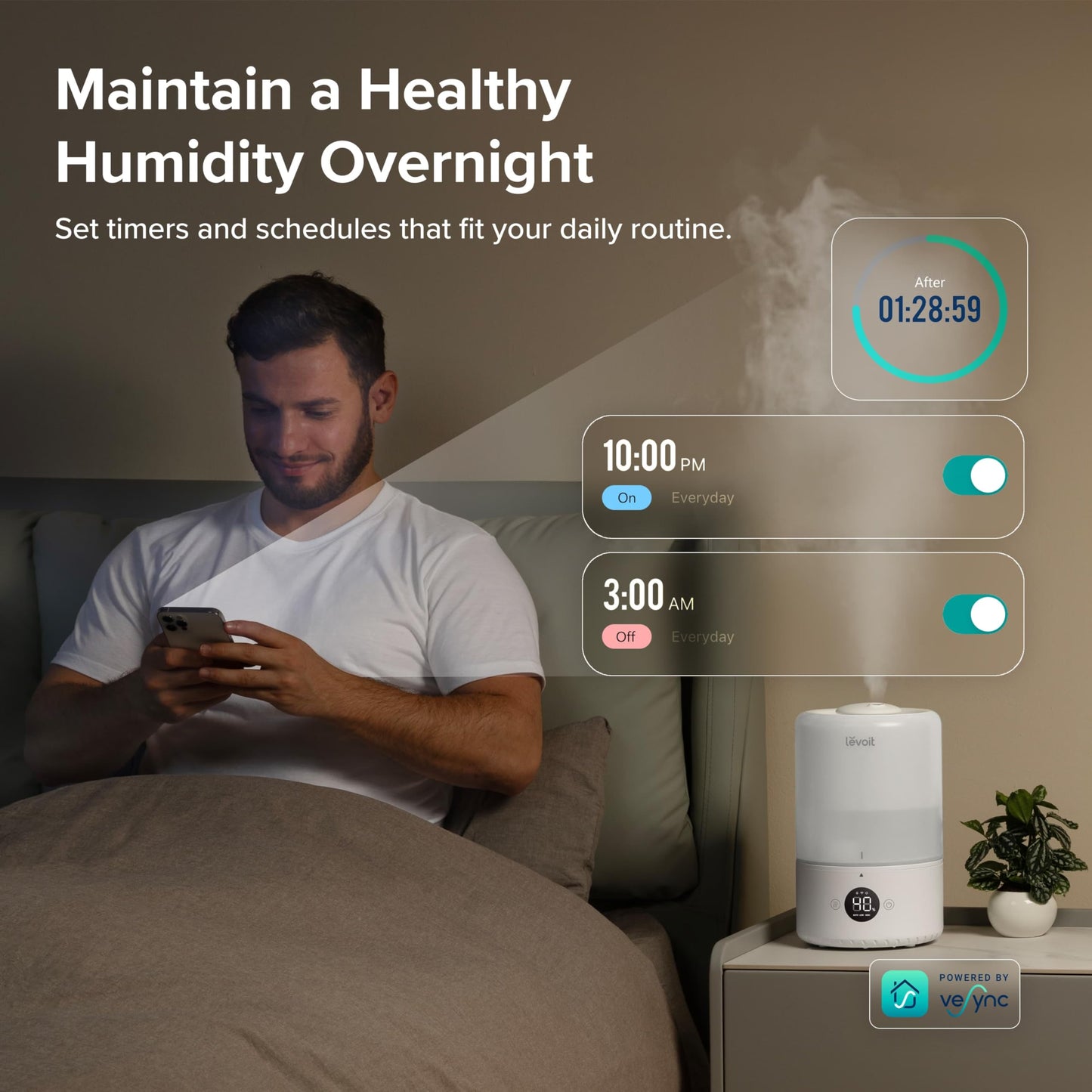 LEVOIT 3L 19dB lesie Top Fill Humidifier, 360° Rotating Nozzle Cool Mist Humidifier, 25H, Room Humidifier & Aroma Diffuser for Children's Room Bedroom Plants, Automatic Shut-Off, White - LUH-D301S-WUS