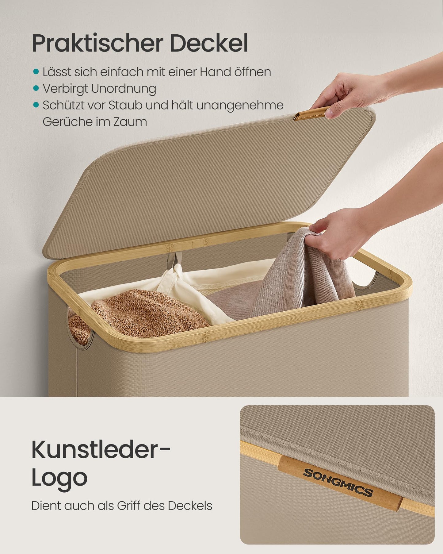 SONGMICS Laundry Basket with Lid, Laundry Hamper with 2 Compartments, 130L, Removable Laundry Bag, Oxford Fabric, Bamboo Handles, Foldable, 52 x 38.5 x 70.5 cm, Camel Brown LCB513LJ01 - PCT611W01
