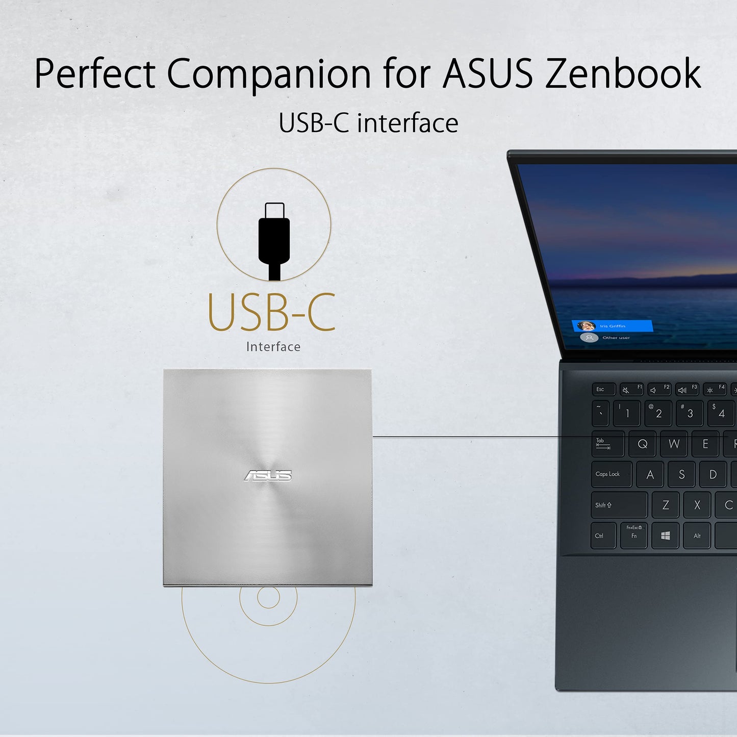 ASUS ZenDrive U8M External DVD Drive/Burner (Silver, USB-C, M-DISC) 90DD0292-M29000