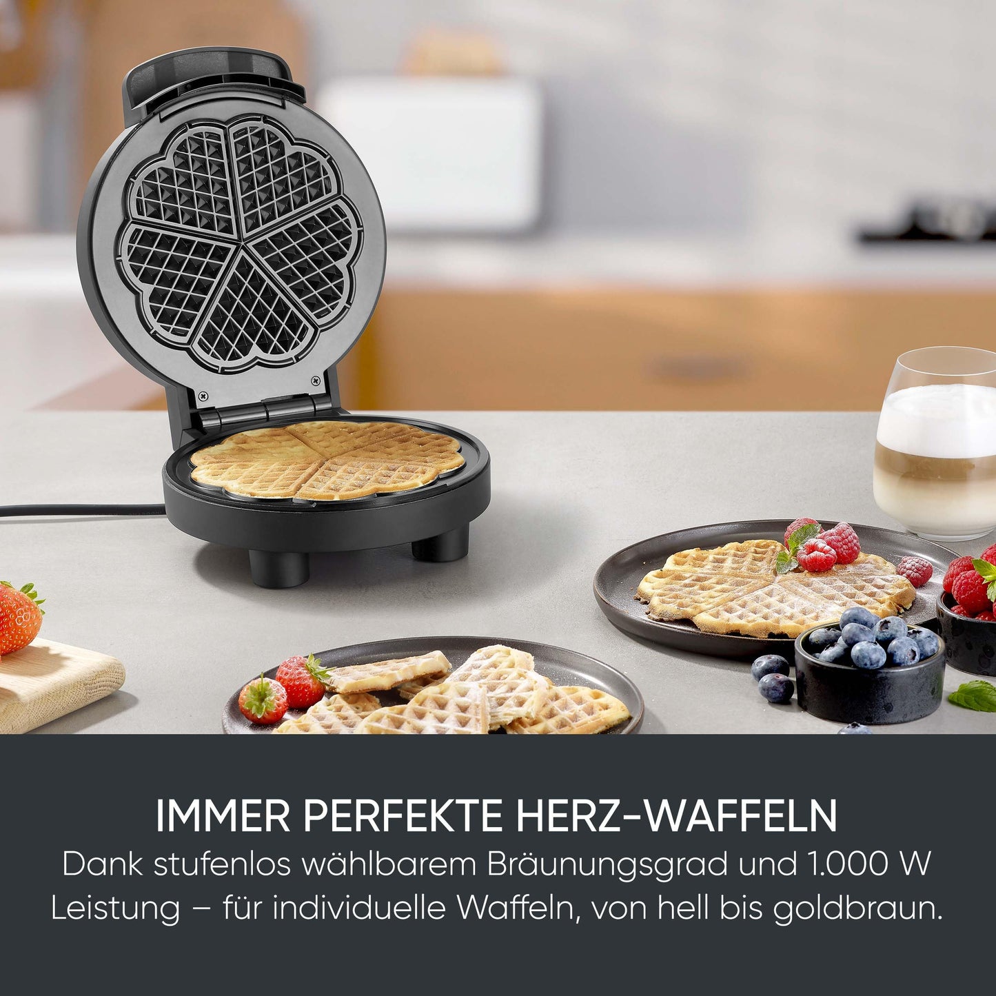 SEVERIN waffle iron Black Line, heart waffles, PFAS-free coating, with indicator light, practical cable winder, 1,000 watts, black/stainless steel, WA 2117