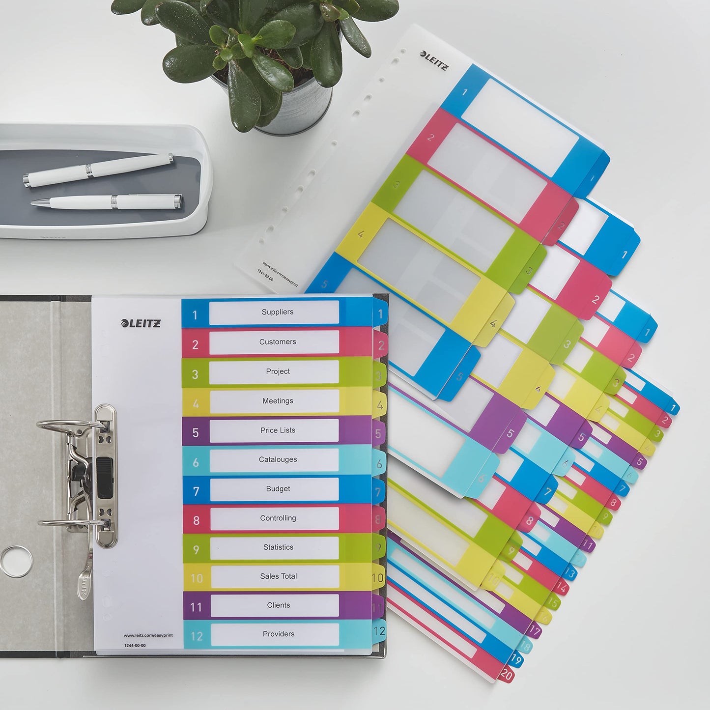 Leitz index for A4, pack of 10, PC-writable cover sheet and 12 dividers, tabs with numbers printed 1-12, extra width, multi-colored, polypropylene, WOW, 12440000