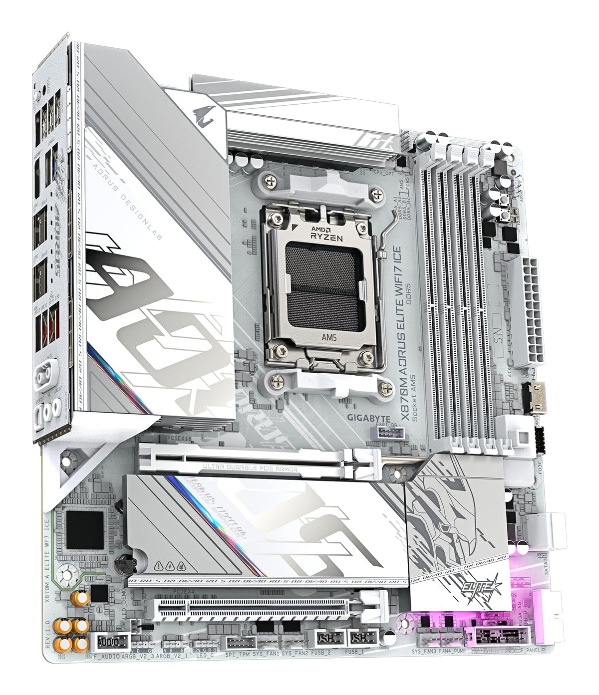 GIGABYTE X870M AORUS Elite WIFI7 Ice Mainboard – Supports AMD Ryzen 9000 CPUs, digital 14+2+2 phase VRM, up to 8200 Hz DDR5 (O.C), 1× PCIe 5.0 + 1× PCIe 4.0, Wi-Fi 7, 2.5 GbE LAN, USB 4