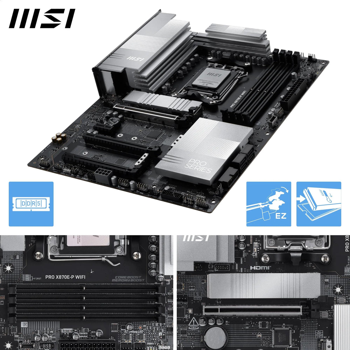 Placa de bază MSI PRO X870E-P WiFi, ATX - Suportă procesoare AMD Ryzen 9000/8000 / 7000, AM5-60A SPS VRM, DDR5 Memory Boost (8200+ MT/s OC), PCIe 5.0 x16 & 4.0 x16, M.2 Gen5, Wi-Fi 7, 5G LAN