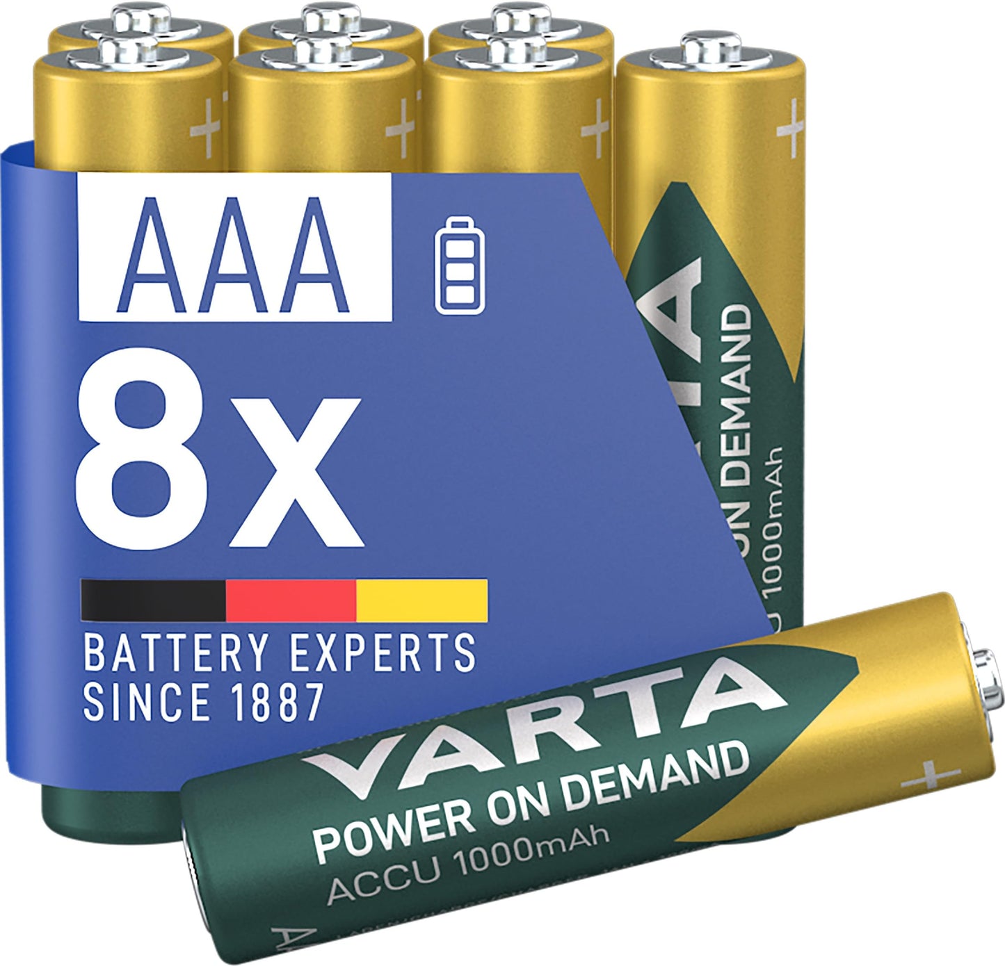 VARTA AAA batteries, rechargeable, 8 pieces, battery, power on demand, 1000 mAh Ni-MH, pre-charged, ready for immediate use [Exclusive to Amazon] - HU-XI-201