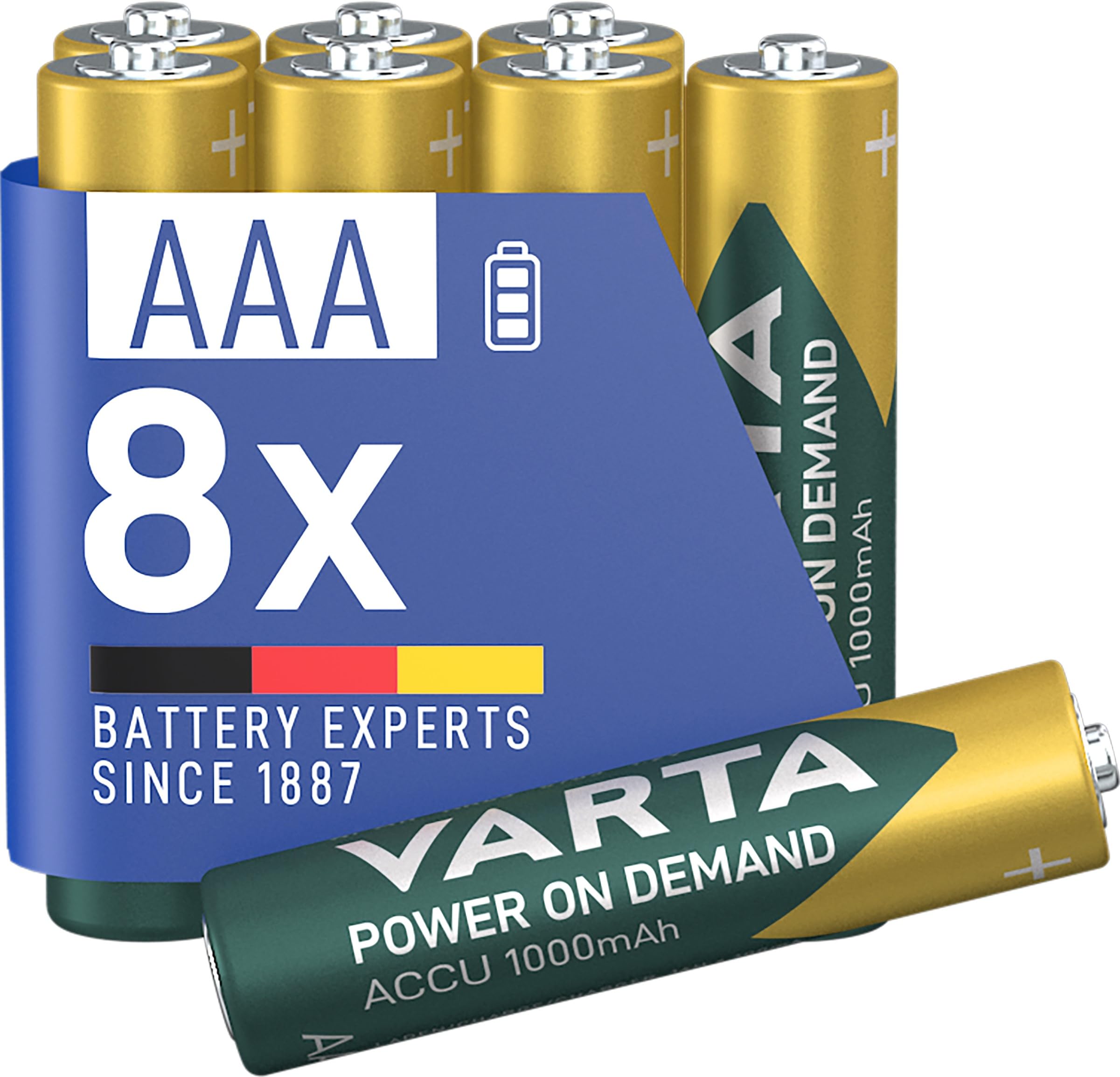 VARTA AAA batteries, rechargeable, 8 pieces, battery, power on demand, 1000 mAh Ni-MH, pre-charged, ready for immediate use [Exclusive to Amazon] - HU-XI-201