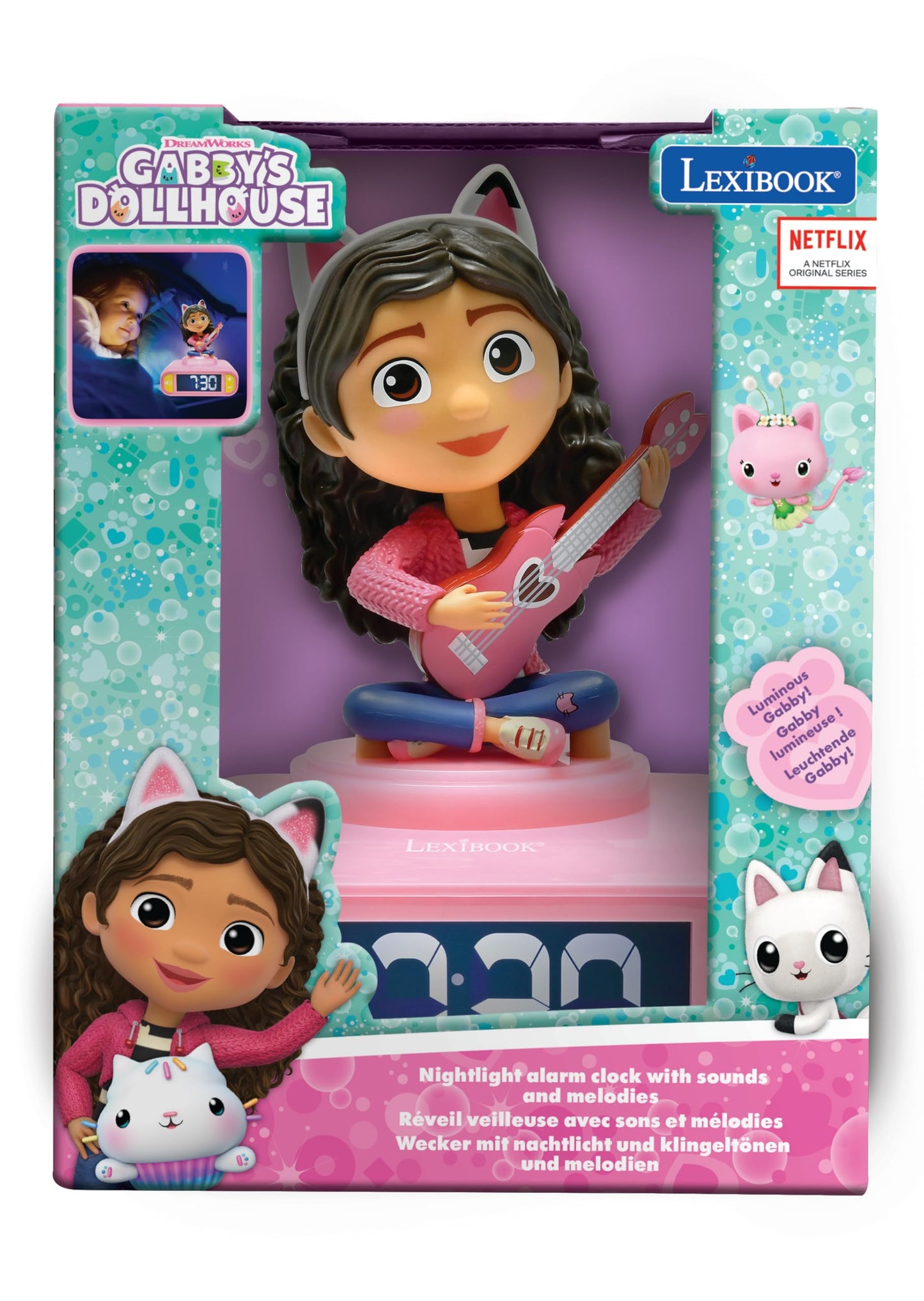 Lexibook, Gabby's Dollhouse, Gabby Night Light Alarm Clock, Sounds and Melodies, Backlit LCD Screen, Luminous, Snooze, Pink, RL800GDH
