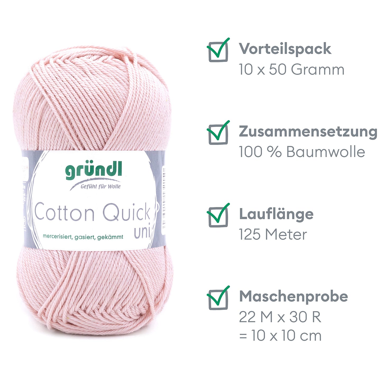 Gründl Wolle Cotton Quick uni - thin wool for crocheting - knitting yarn - crochet yarn - shiny and skin-friendly - 100% cotton - 10 balls 50 g / 125 m - needle size 3-4 - nude - 865-149