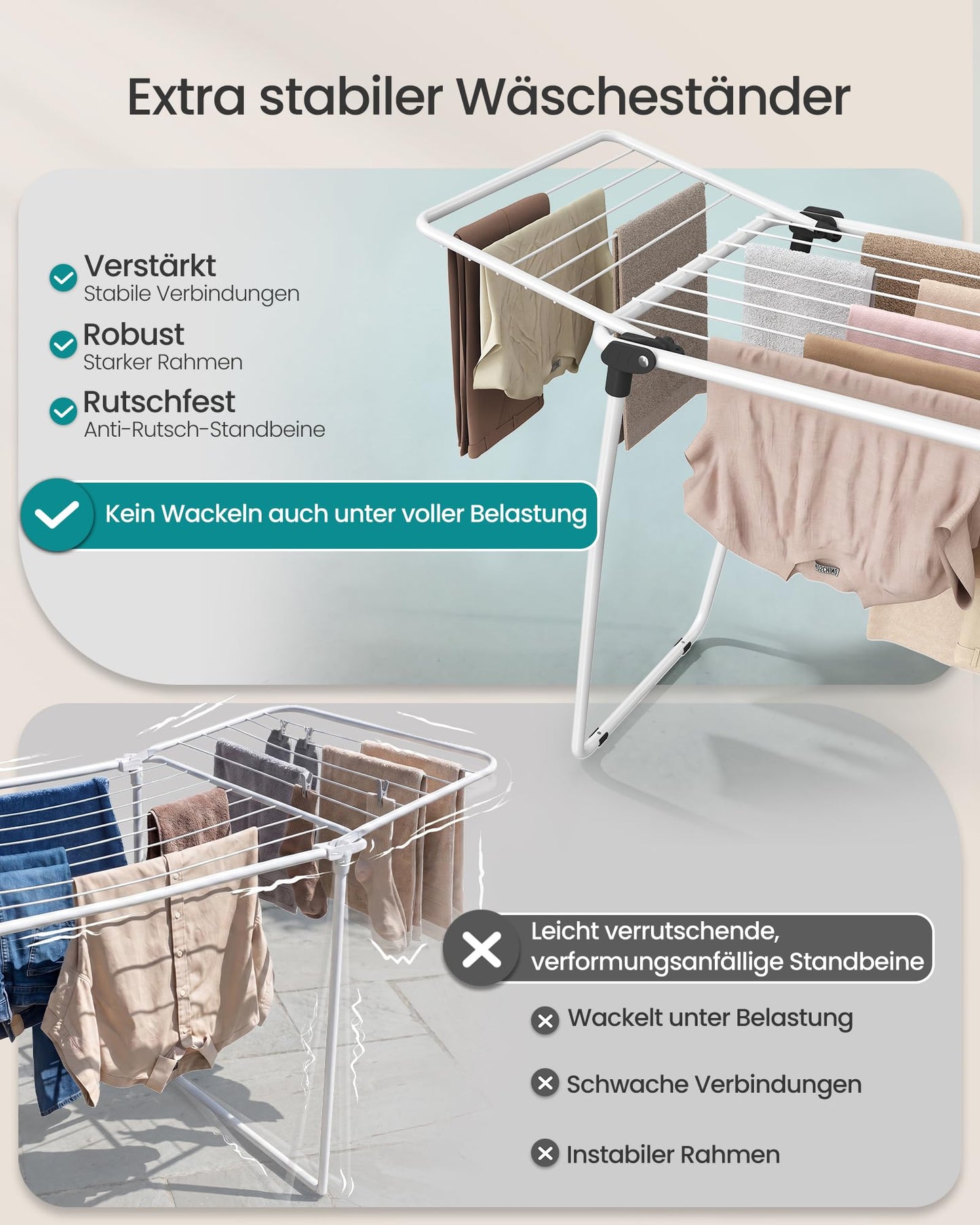SONGMICS clothes airer, stand dryer 47 x 150 x 91 cm, wing clothes airer, wing clothes dryer space-saving, metal, for clothes, towels, white LLR520WK01
