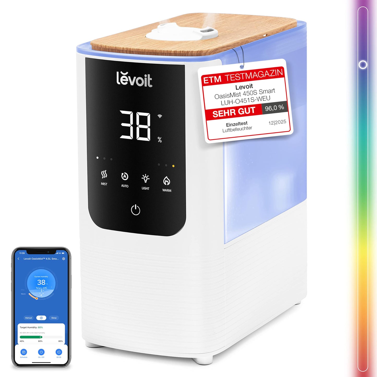 Levoit Smart humidifier for large rooms, top-fill humidifier, warm & cold mist max 550 ml/h, up to 40㎡, quiet room humidifier with night light for plants, auto shut-off, 4.5 L, moon white - LUH-O451S-WUK