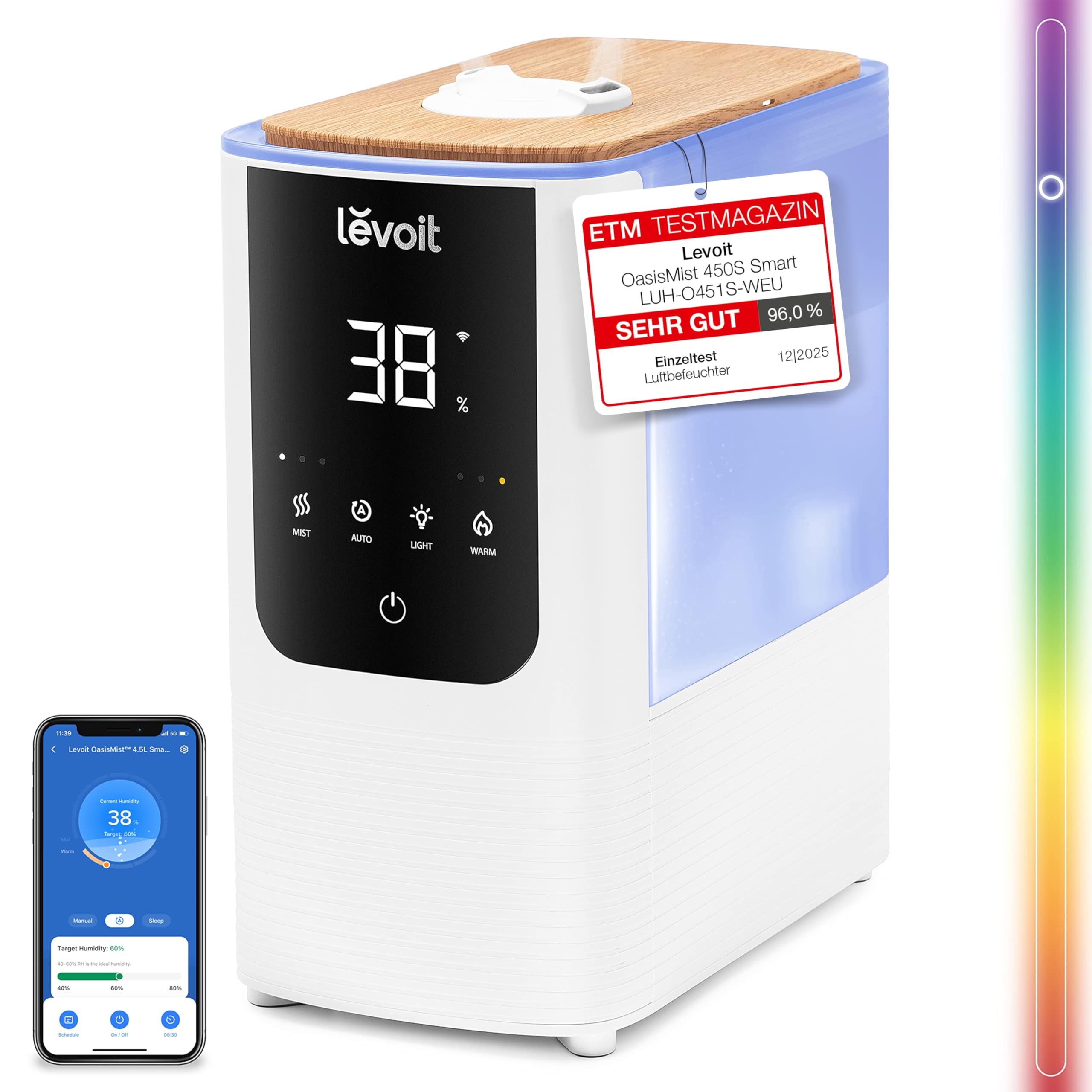 Umidificator inteligent Levoit pentru camere mari, umidificator cu alimentare superioară, abur cald și rece max. 550 ml/h, până la 40㎡, umidificator silențios cu lumină de noapte pentru plante, oprire automată, 4,5 L, alb lunar - LUH-O451S-WUK
