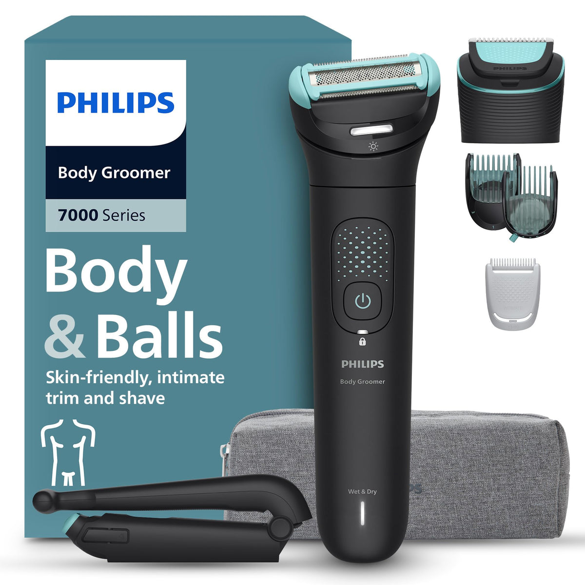 Philips Bodygroom Series 7000 – Trimmer for men, flexible 2D shaving head with triple protection - interchangeable shaving heads, suitable for intimate areas, 100% waterproof, 120 minutes of runtime, model BG7480/15