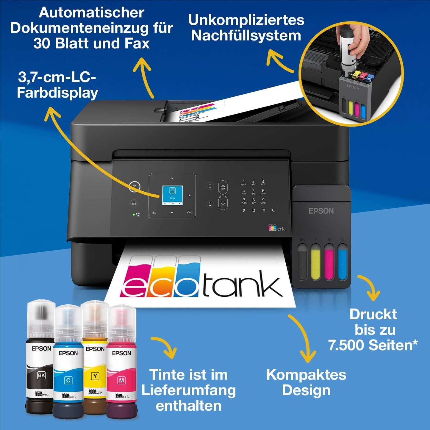 Epson EcoTank ET-4900 | Wi-Fi and Ethernet | A4 | Print, Copy, Scan, Fax | LC display | Automatic document feeder for 30 pages | Compact | Contains ink for up to 3 years