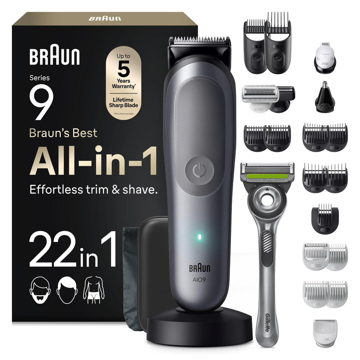 Braun Multigroom All-in-One Series 9, 22-in-1 Trimmer, AIO9545, Gray