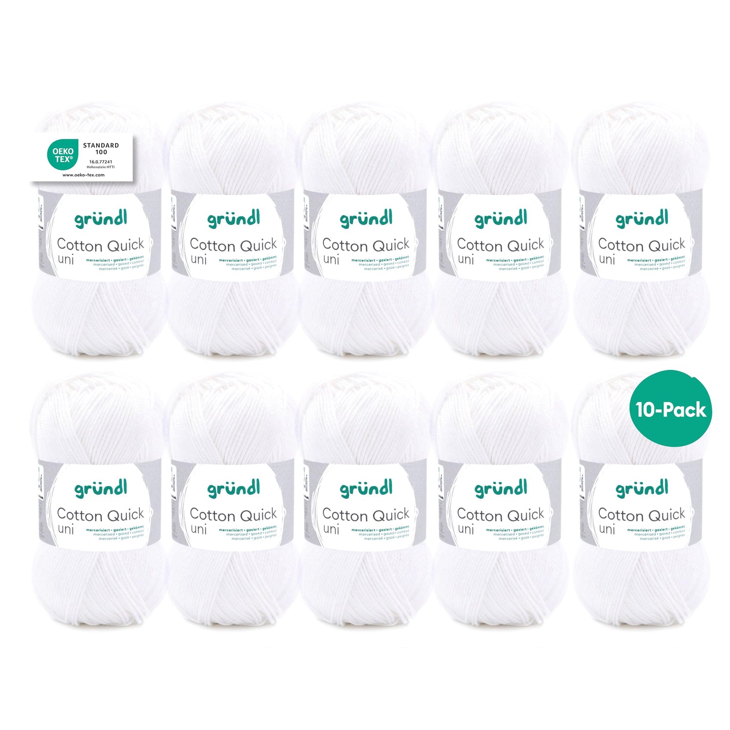 Gründl Wolle Cotton Quick uni - thin wool for crocheting - knitting yarn - crochet yarn - shiny and skin-friendly - 100% cotton - 10 balls 50 g / 125 m - needle size 3-4 - white - 865-01-10