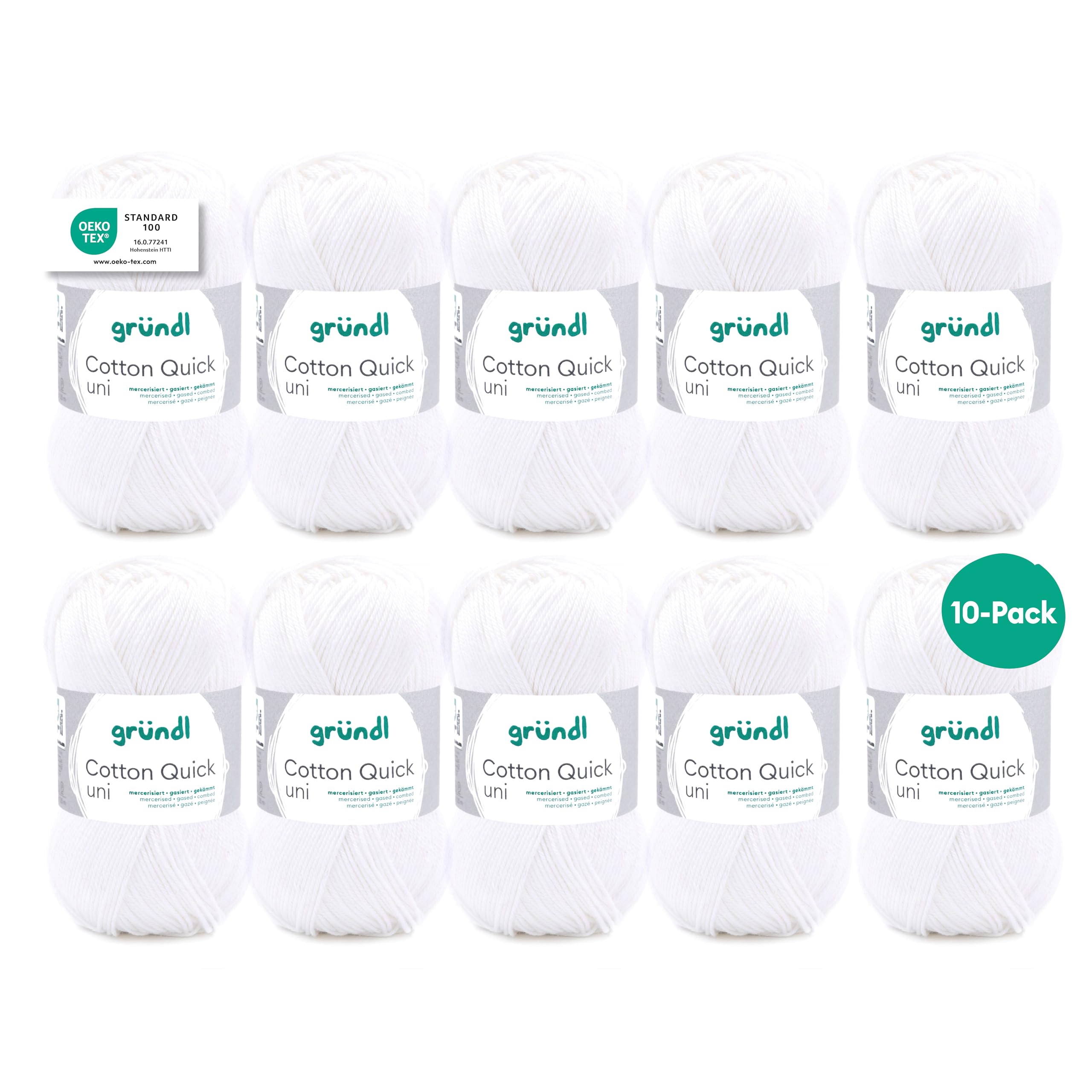 Gründl Wolle Cotton Quick uni - thin wool for crocheting - knitting yarn - crochet yarn - shiny and skin-friendly - 100% cotton - 10 balls 50 g / 125 m - needle size 3-4 - white - 865-01-10