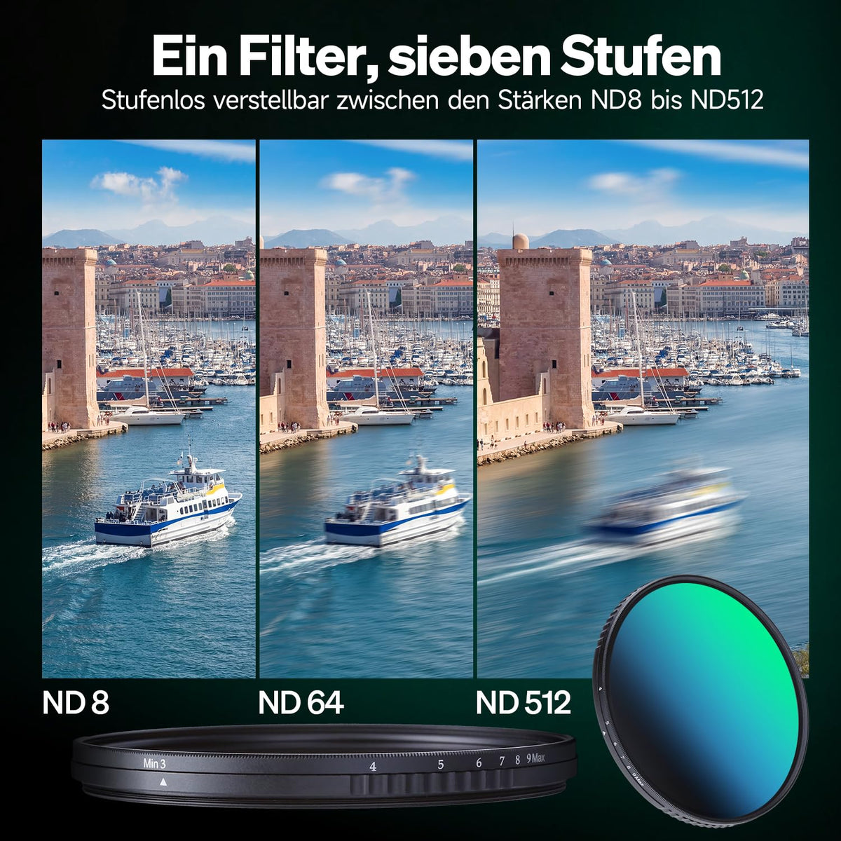 Rollei 52mm F:X Pro Variable ND8-ND512 round filter made of glass | VND gray filter with 3-9 stops of darkening - 26452