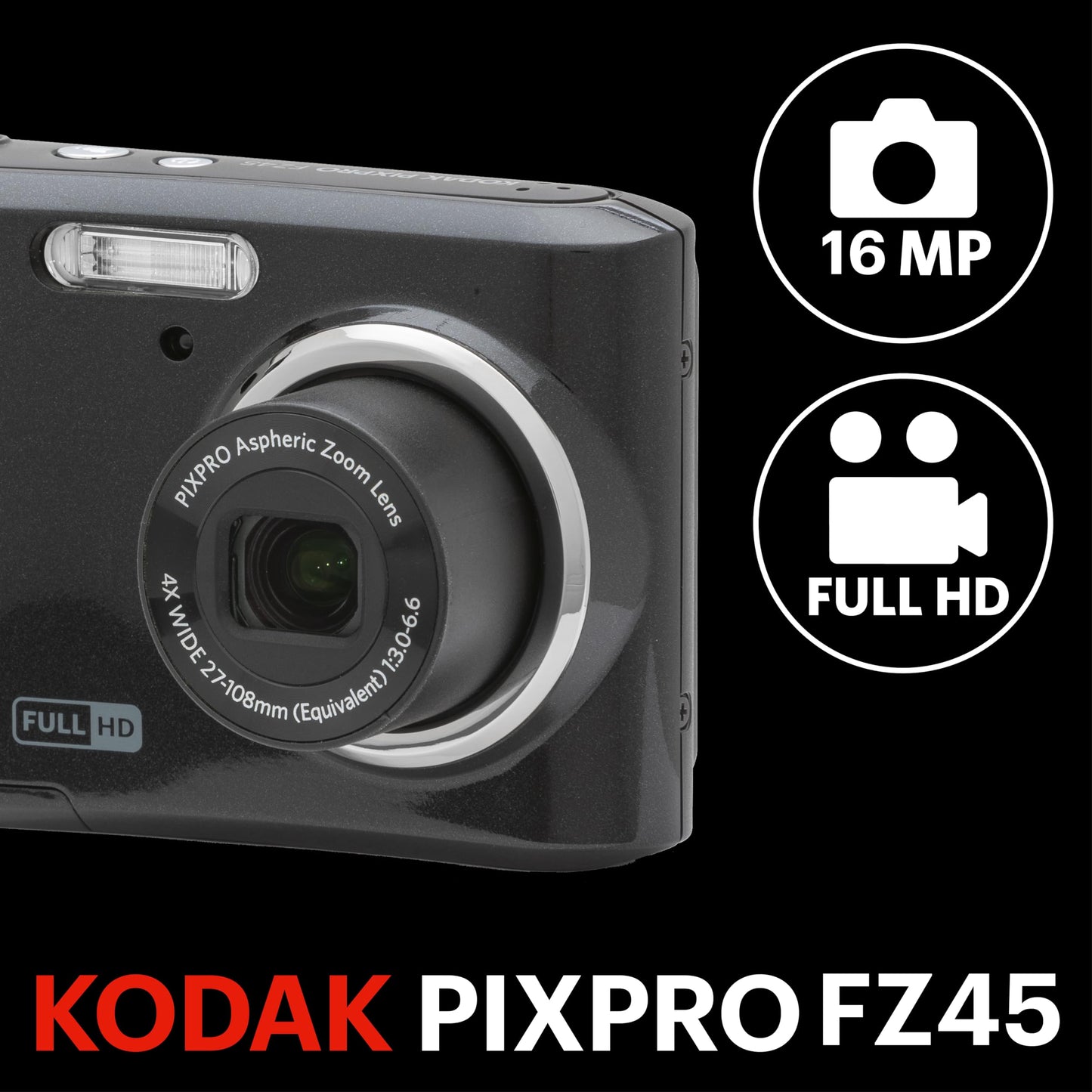 Kodak Pixpro FZ45-16.44 Megapixel Digital Compact Camera, 4X Optical Zoom, 2.7 Inch LCD, 720p HD Video, AA Battery - Black - FZ45BK