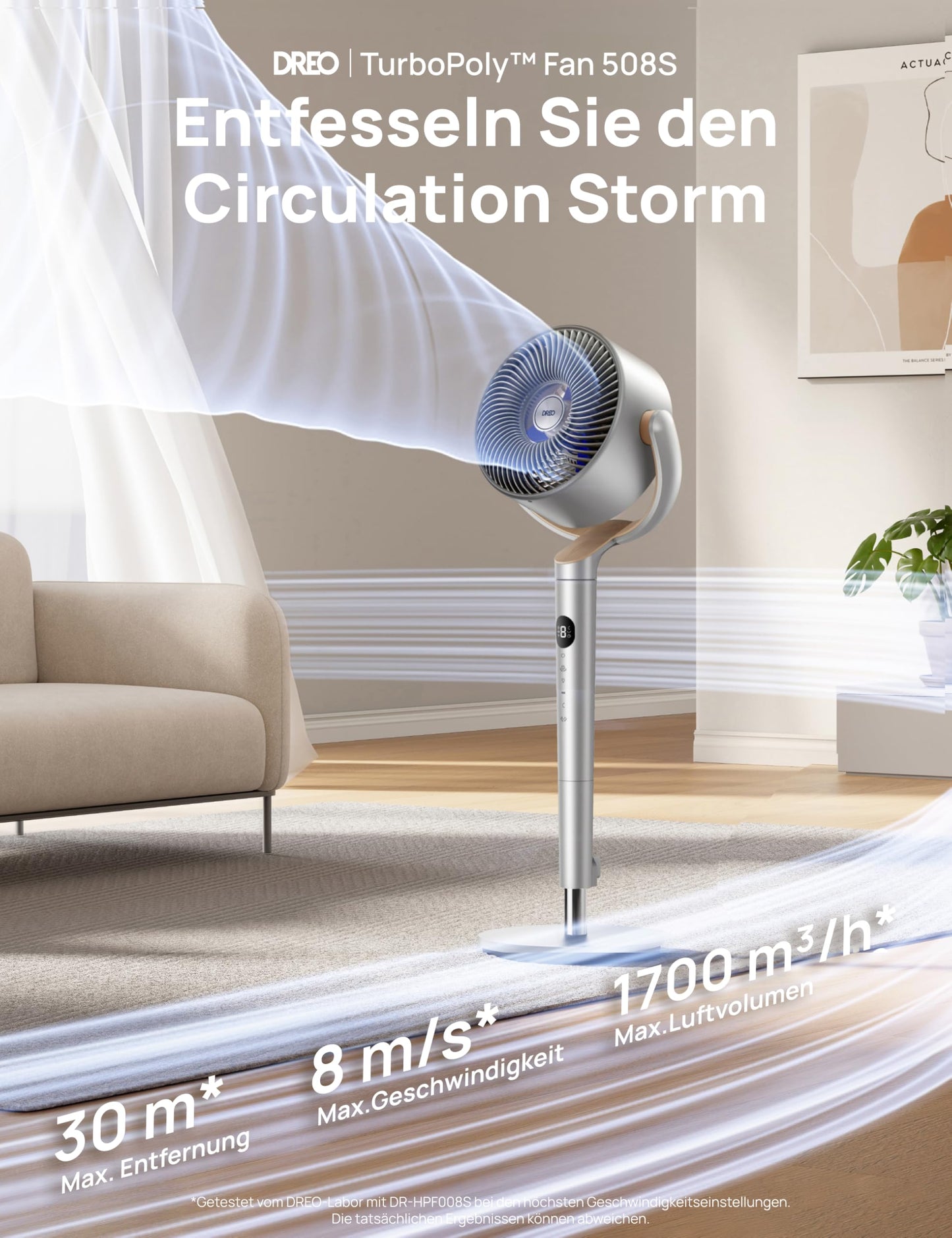DREO Smart Floor Fan with RGB Light, 120°+120° Oscillation, Quiet 20 dB Floor Fan with Remote Control, 8H Timer, for Bedroom, Silver - DR-HPF008S