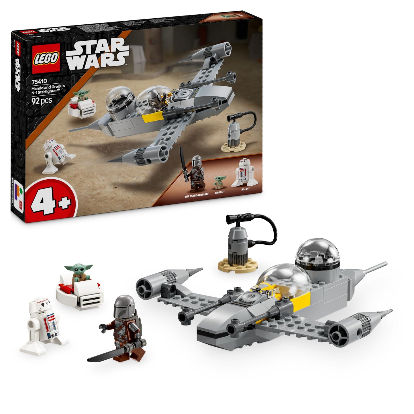 LEGO Star Wars 75410 Mandos and Grogus N-1 Starfighter toy with The Mandalorian, Grogu & R5-D4 minifigures, including buildable gas pump, starship starter set for boys and girls aged 4 and up
