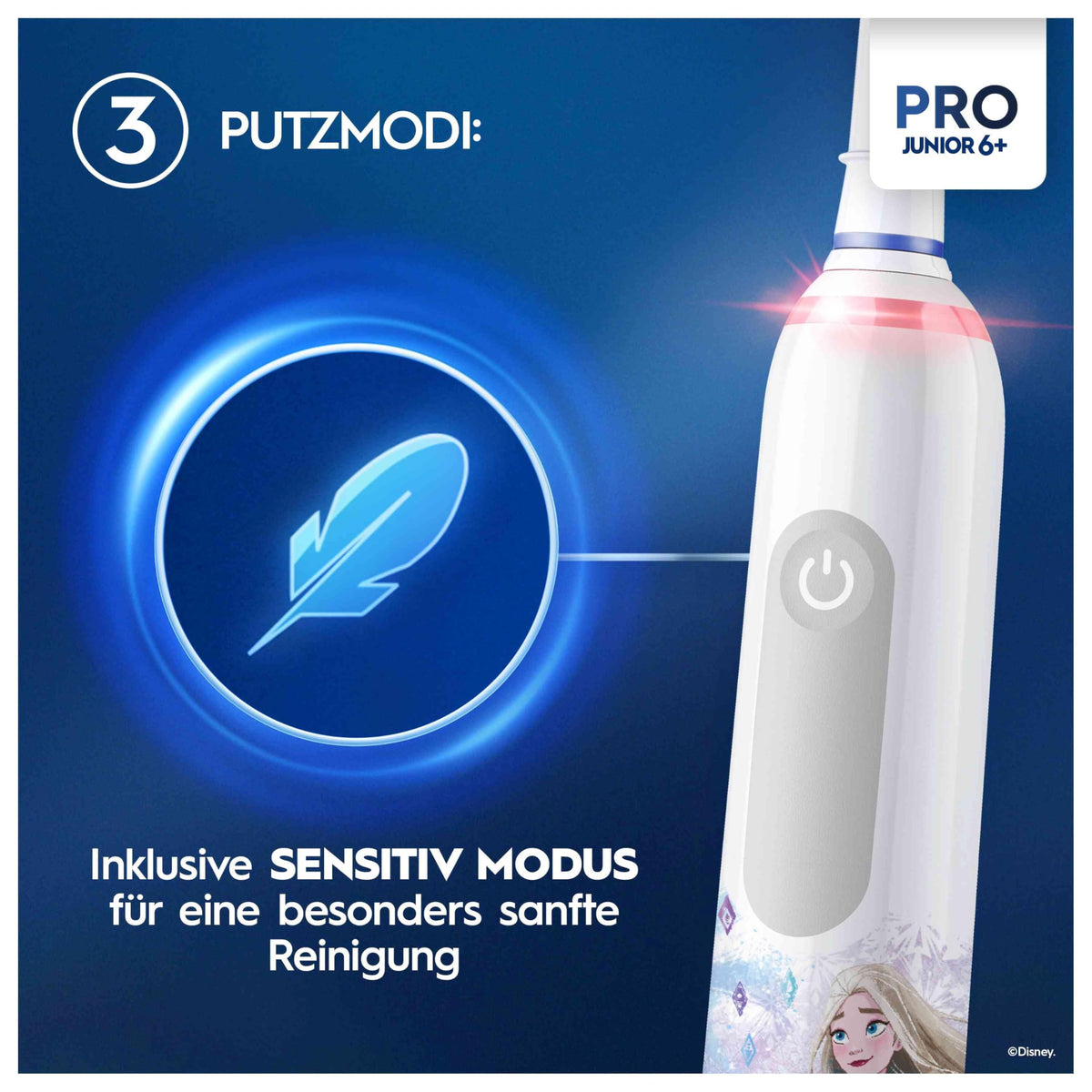 Periuță de dinți electrică Oral-B Pro Junior Frozen pentru copii de la 6 ani, 2 capete de periuță, control al presiunii 360°, 2 moduri de curățare inclusiv mod sensibil pentru îngrijirea dinților, perii moi, albă. - 8006540774724