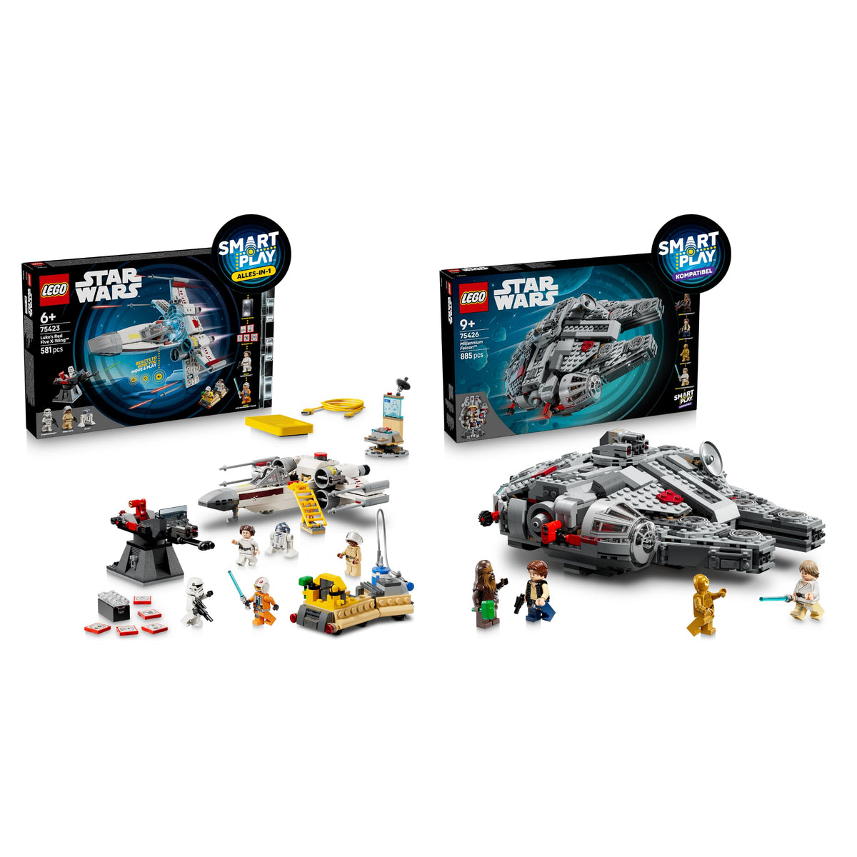 LEGO Star Wars SMART Play Bundle: Setul All-In-One Luke’s Red Five X-Wing 75423 & Setul Compatibil Millennium Falcon 75426 - Jucării Interactive - Cadouri pentru băieți și fete de 9+ ani