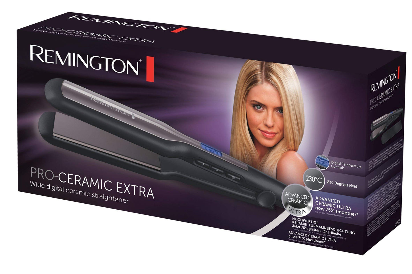 Remington wide straightening iron Pro-Ceramic Extra (extra wide 45mm styling plates - especially for thick, frizzy, curly and very long hair) LCD display, 150-230°C, hair straightener S5525