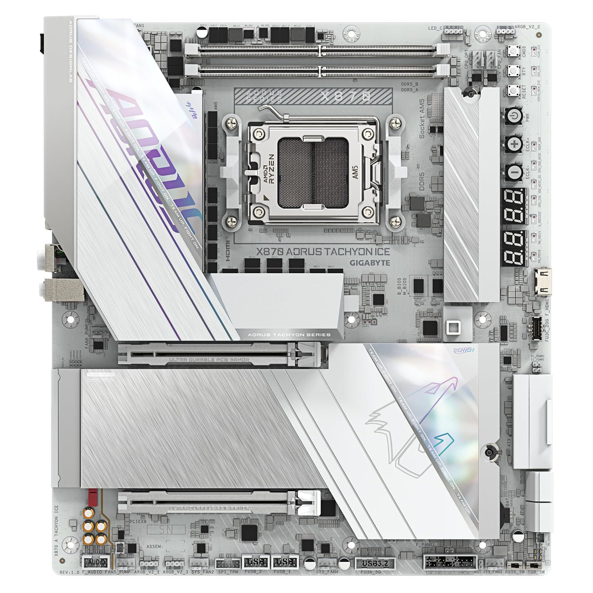 GIGABYTE X870 AORUS Tachyon Ice Mainboard – Supports AMD Ryzen 9000 CPUs, Digital 18+2+2 Phase VRM, up to 9600 MHz DDR5 (OC), 1 x PCIe 5.0 + 2 x PCIe 4.0, Wi-Fi 7, 5 GbE LAN, USB 4