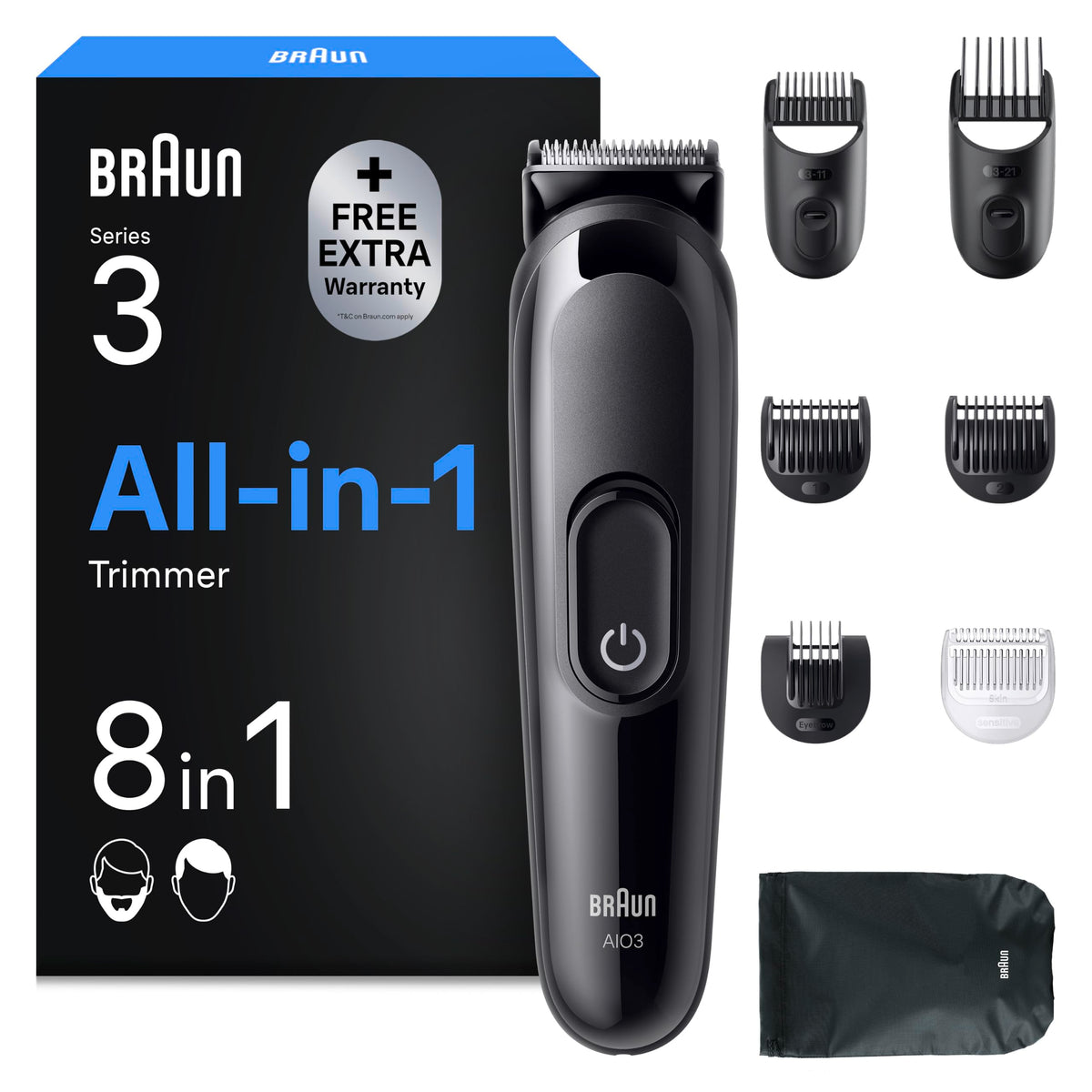 Braun All-in-One Series 3 Multigroom, 8-in-1 Trimmer, AIO3535n, Schwarz