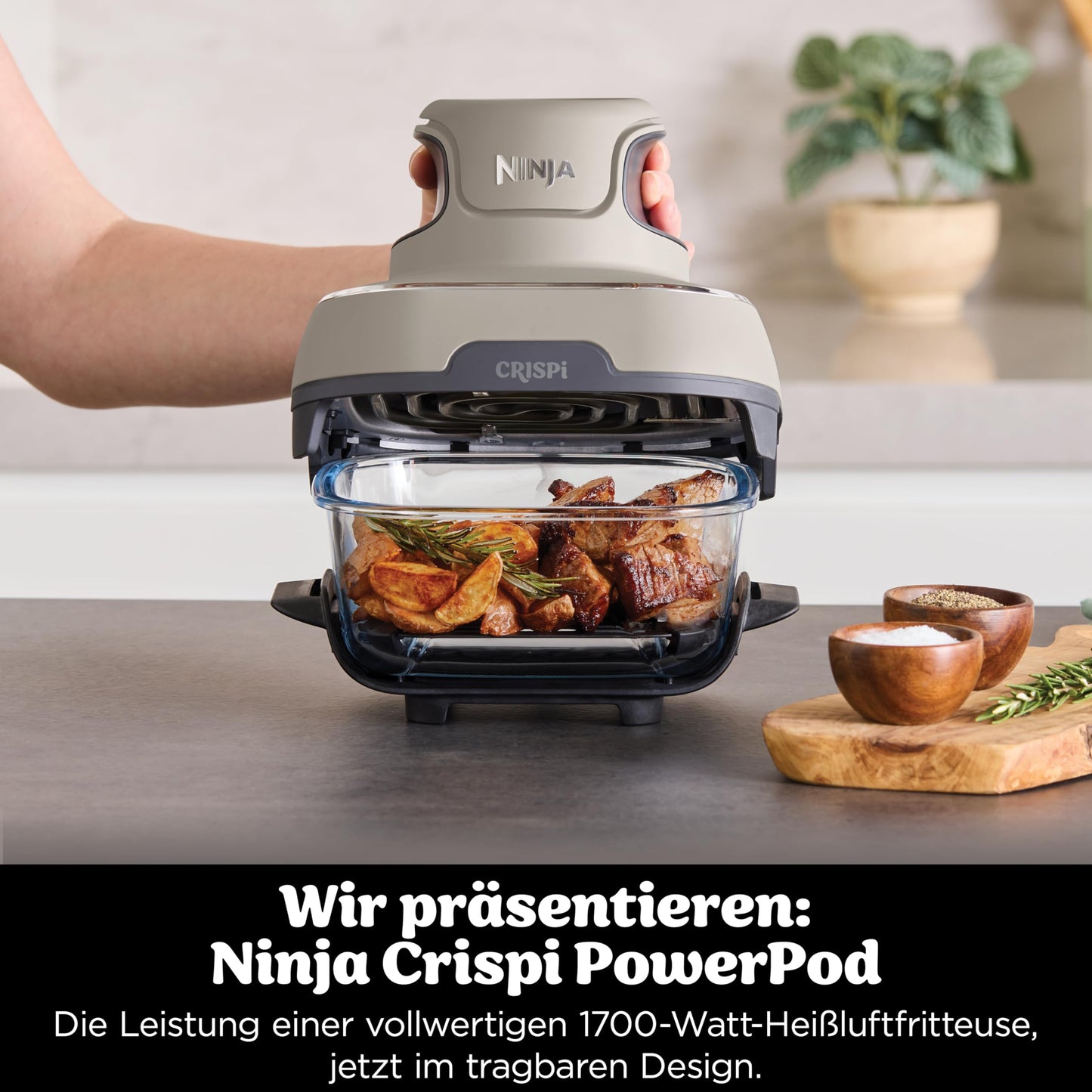 Ninja CRISPi Portable Air Fryer, 3.8L, 4-in-1: Air Frying, Roasting, Keeping Warm, Recrisp, Compact, 6 Servings, 2 Removable Glass Containers & Lids, 1700W, Stone FN101EUST