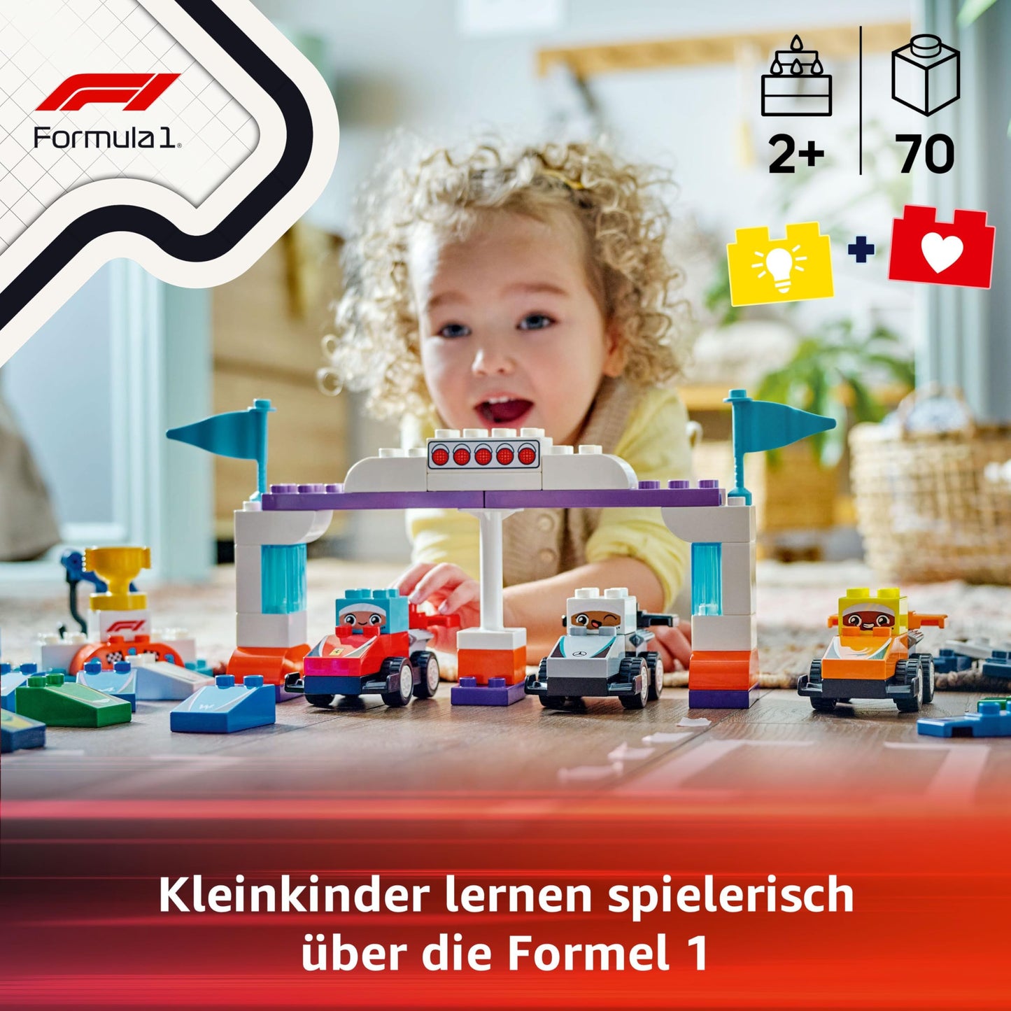 LEGO DUPLO Town F1 Team racing cars with racing drivers - Montessori toys for girls and boys - educational toys for children aged 2 and over - 10 toy cars with crane, starting lights, winner's podium - 10445