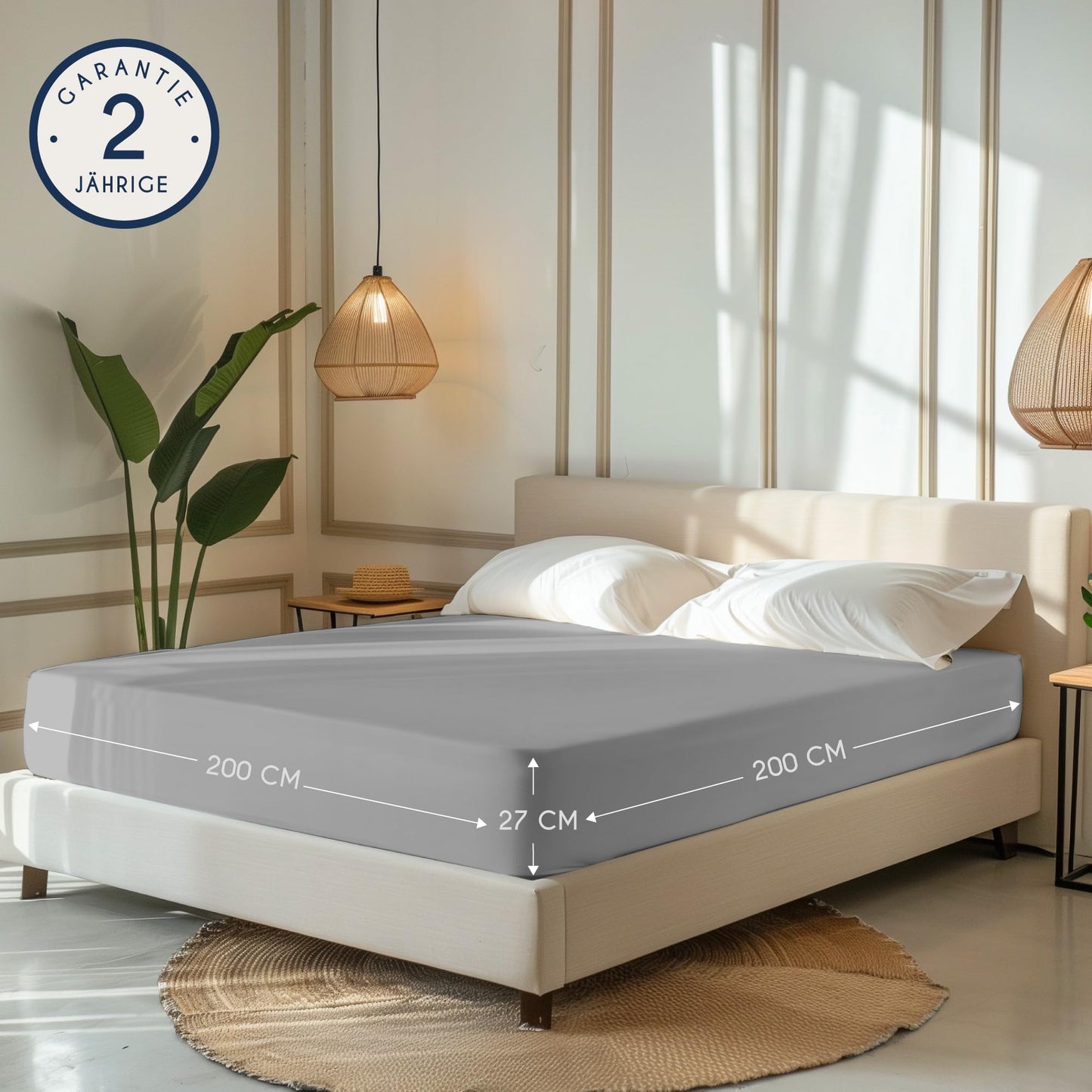 Dreamzie - fitted sheet 200x200cm - cotton Oeko Tex certified - gray - 100% jersey fitted sheet 200x200 - DHC_200x200_Gr_2