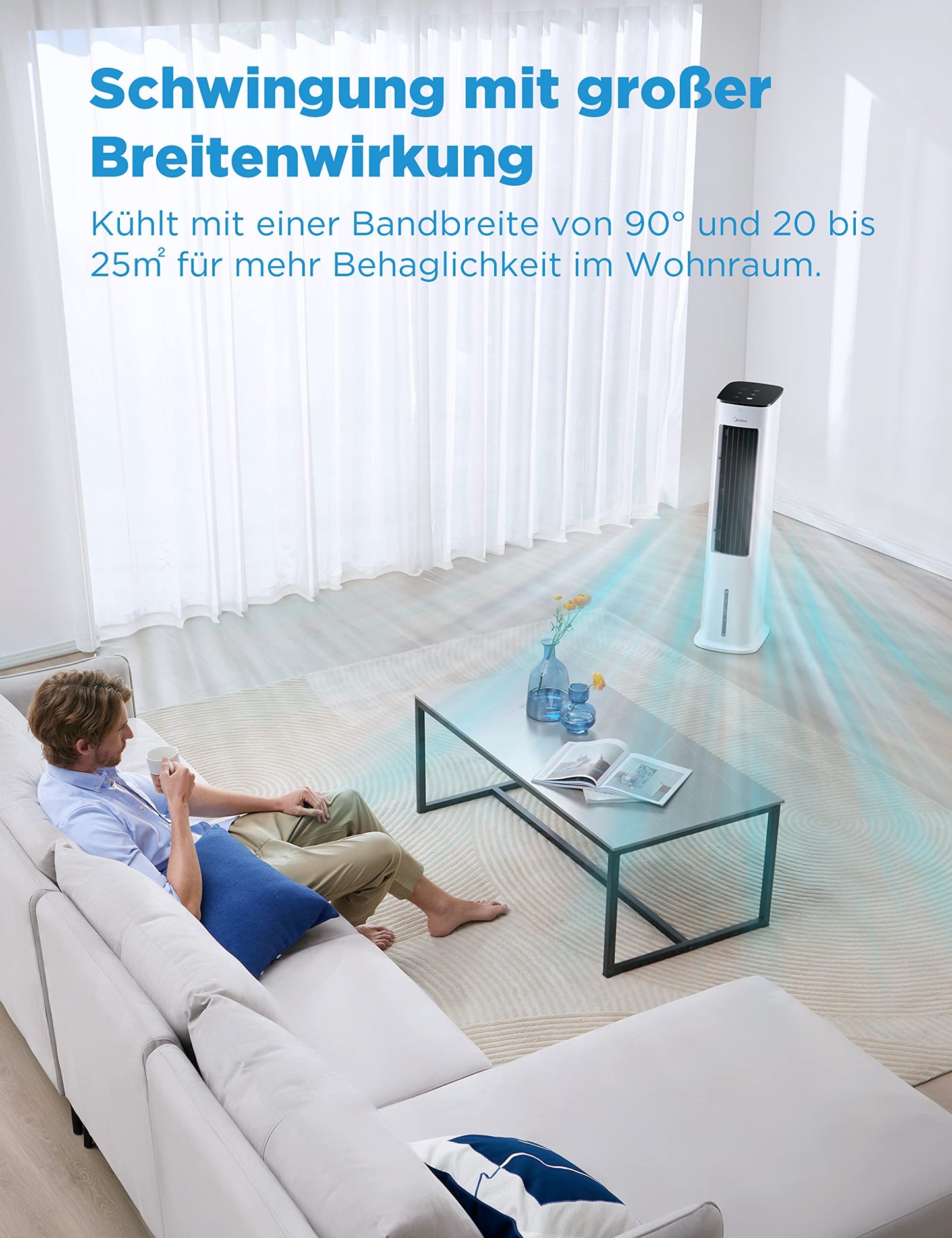 Midea Silent Air Cooler Pro 4-in-1 Mobile Air Conditioner Quieter: Air Cooler, Tower Blower, Humidifier and Air Purifier, with Remote Control, 5L Water Tank, 355m³/h Air Flow, 55W, LED Display, Timer, White - AC100-20ARB
