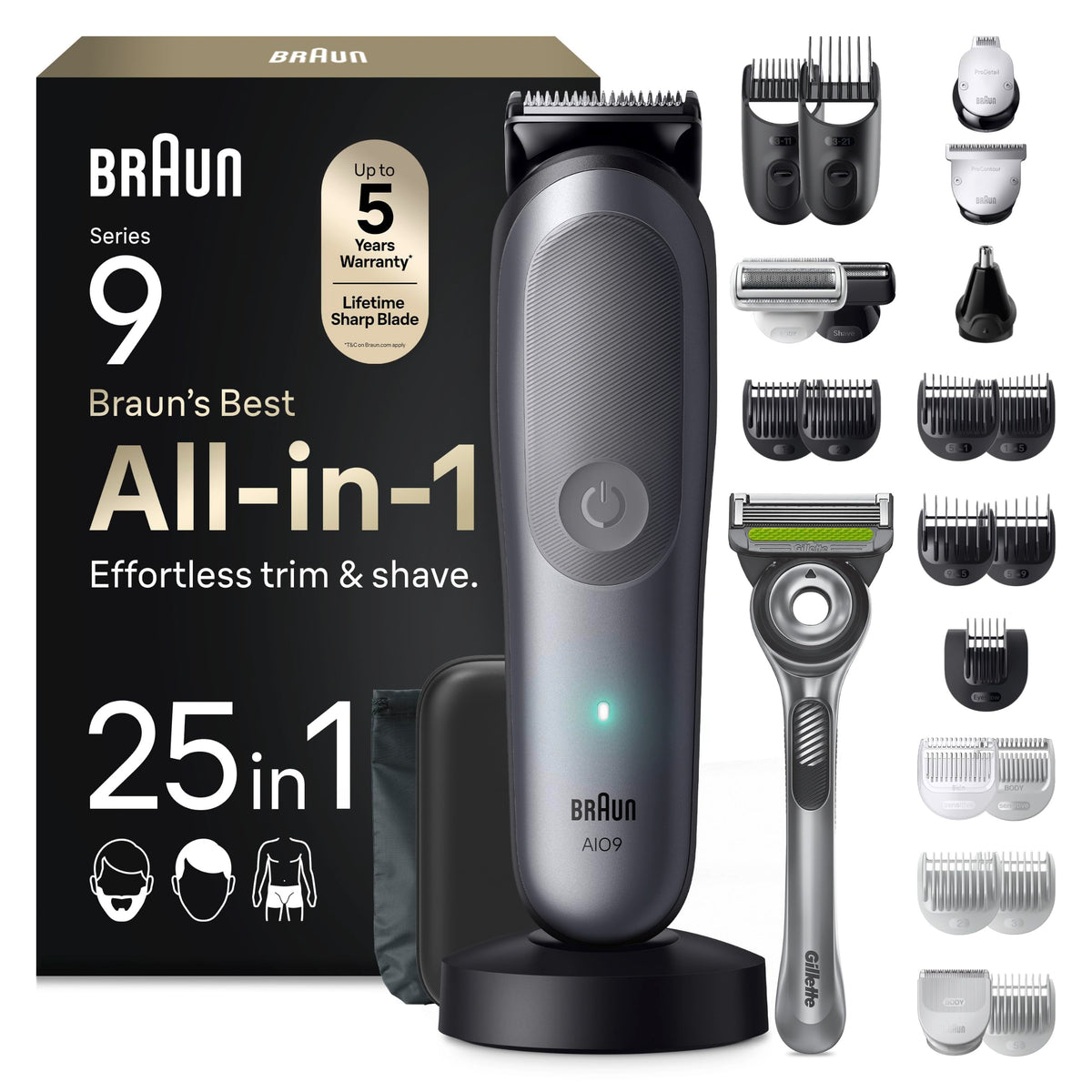 Braun Multigroom All-in-One Series 9, 25-in-1 Trimmer, AIO9565, Gray